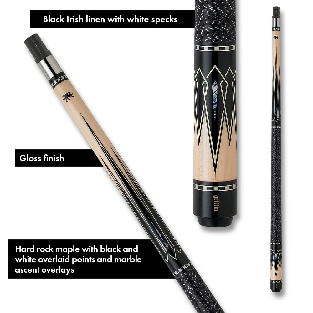 Premium Griffin GR26 Pool Cue - Professional Hard Rock Maple Billiard Stick with Black & White Inlaid Points - 18oz Weight for Perfect Balance - Ideal for Tournament Play & Home Game Rooms