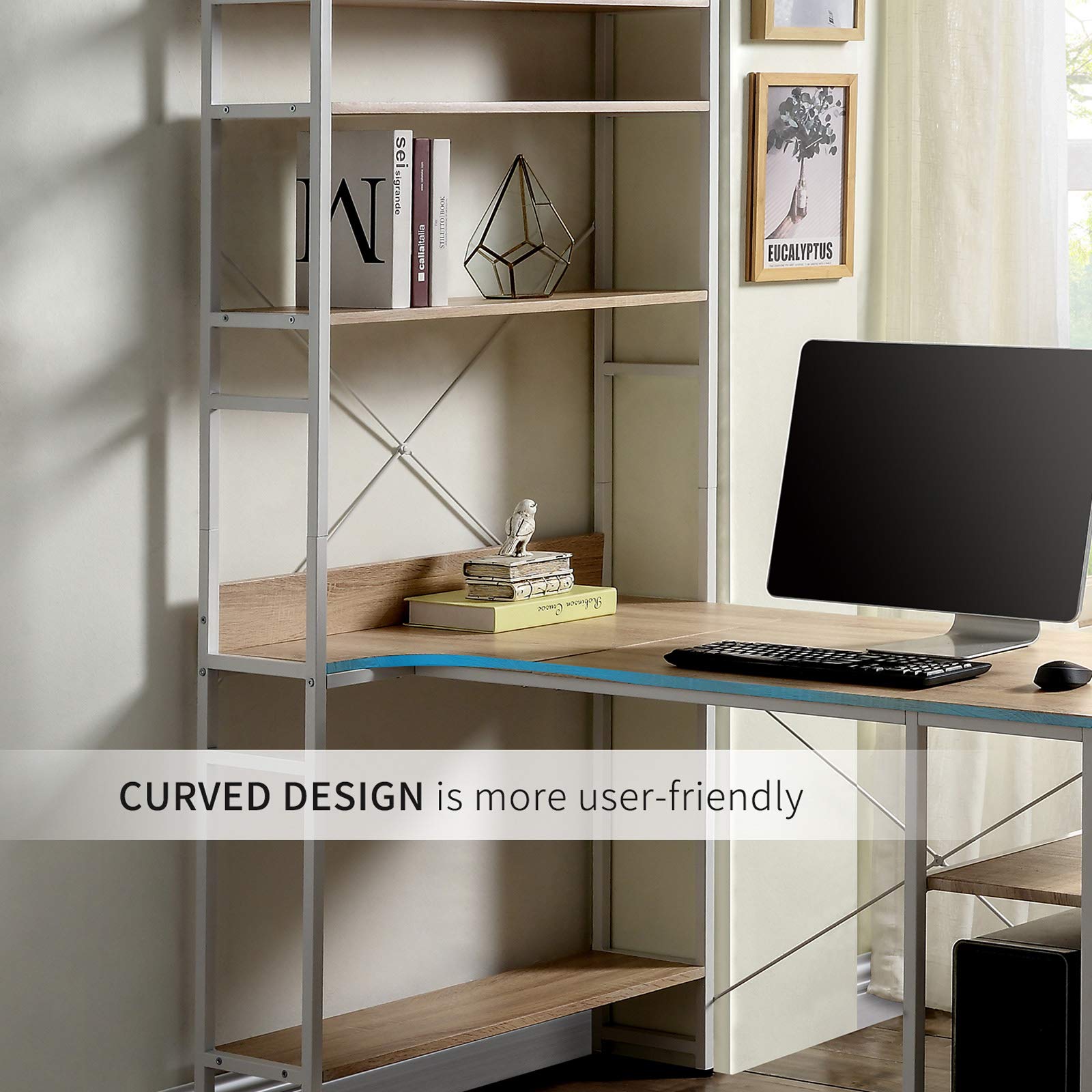 Modern Home Office Computer Desk with Metal Frame & MDF Board - 5-Tier Open Bookshelf for Maximum Storage Space (Oak Finish) - Perfect for Small Spaces, Dorm Rooms & Workstations