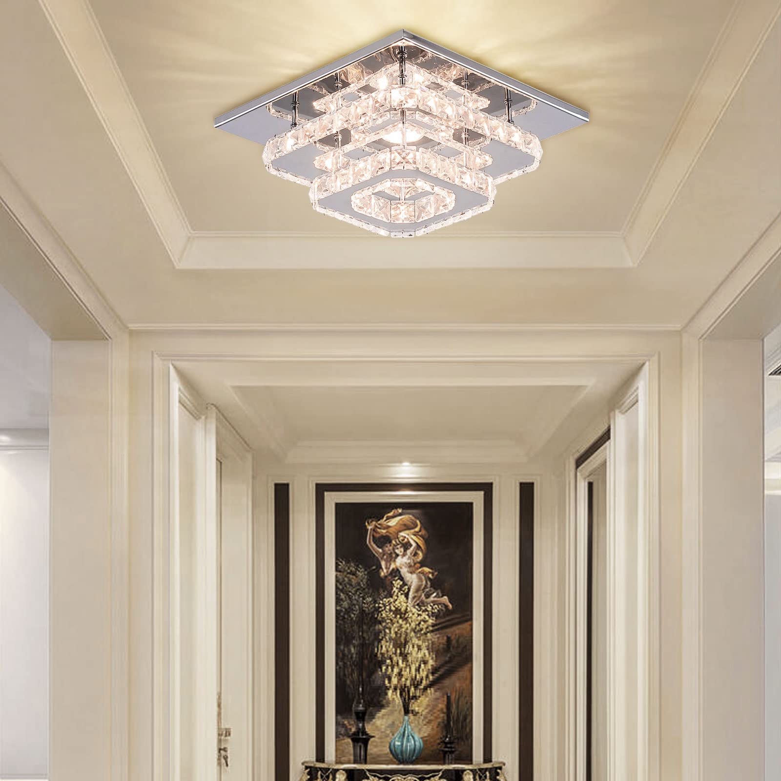 Modern 2-Layer Mini Chandelier LED Crystal Ceiling Light - Flush Mount Lighting Fixture for Hallway, Staircase, Kitchen & Bathroom (Multicolor, Switch Controlled) | Elegant Home Decor & Dining Room Lighting