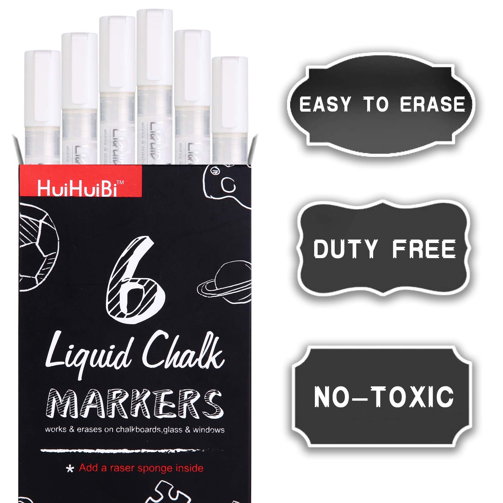 White Chalk Markers 6 Pack - Liquid Chalk Pens for Blackboard, Windows, Glass & Signs - Dry Erase Markers for Restaurants, Cafes & Bistros - Perfect for Menu Boards, Wedding Signs & DIY Projects