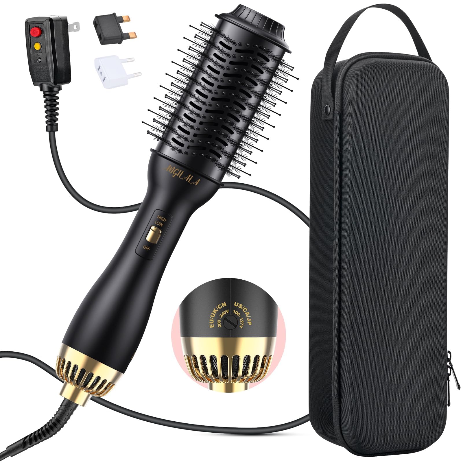 Dual Voltage Hair Dryer Brush 110-250V for International Travel - EU/UK Plug Adapter & Travel Case Included | Perfect for Women's Europe Travel Essentials | Salon-Quality Styling at Home & On The Go