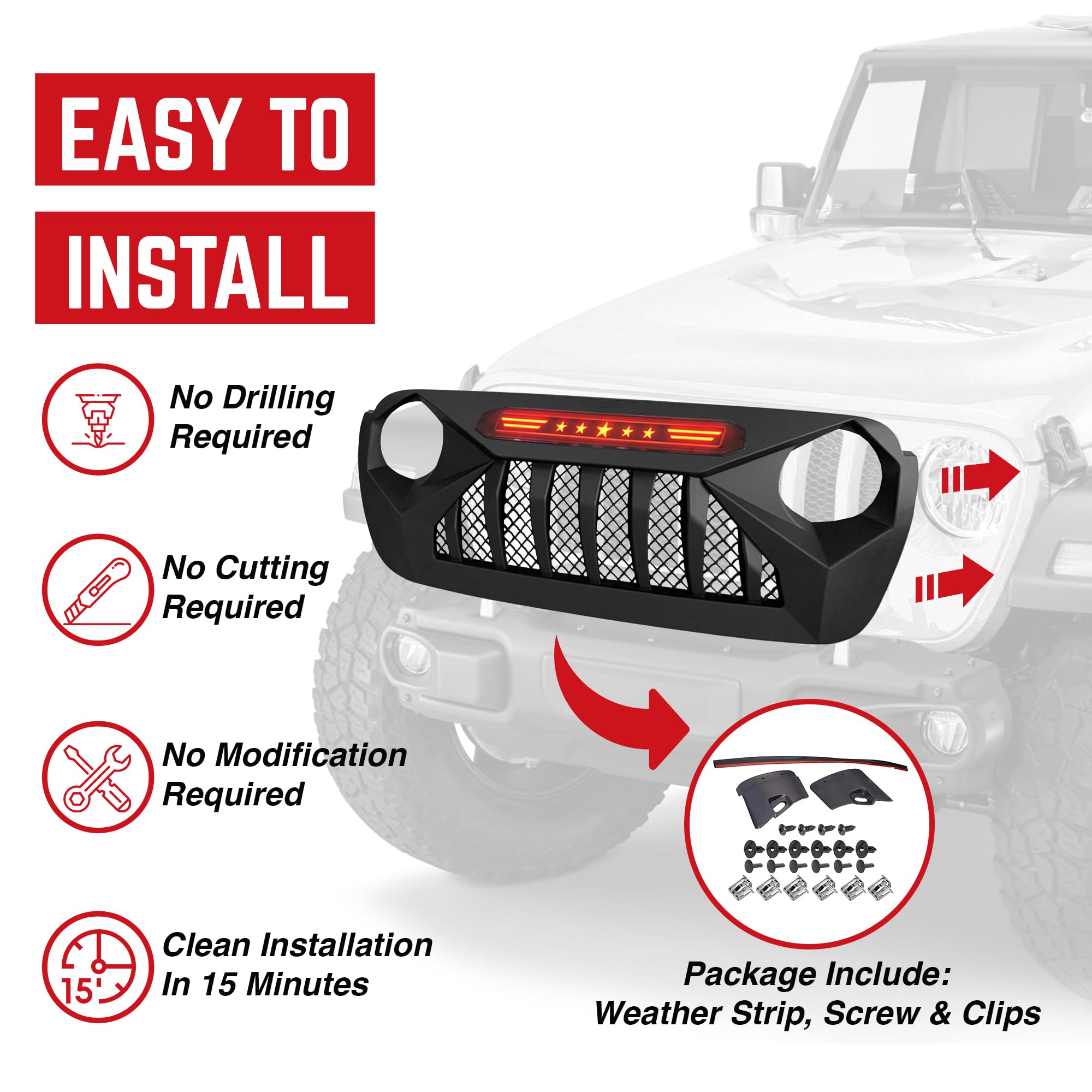 American Modified Demon Front Grille with Red LED Star Lights for Jeep Wrangler JL & Gladiator JT (2018-2021) - Matte Black | No TrailCam Required | Off-Road Upgrade for Enhanced Style & Night Visibility