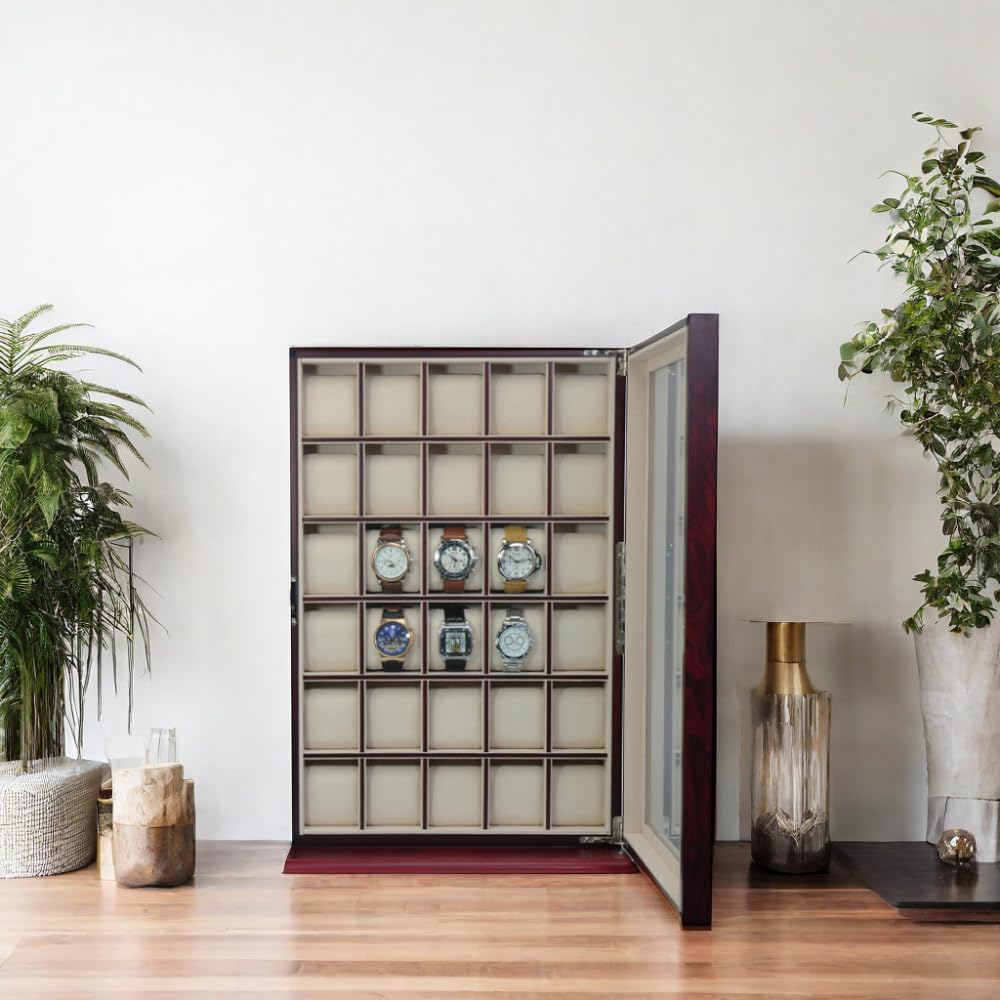 30-Piece Cherry Wood Watch Display Case - Wall Hanging & Tabletop Storage Organizer Box with Stand | Perfect for Watch Collectors, Jewelry Organization & Father's Day Gifts