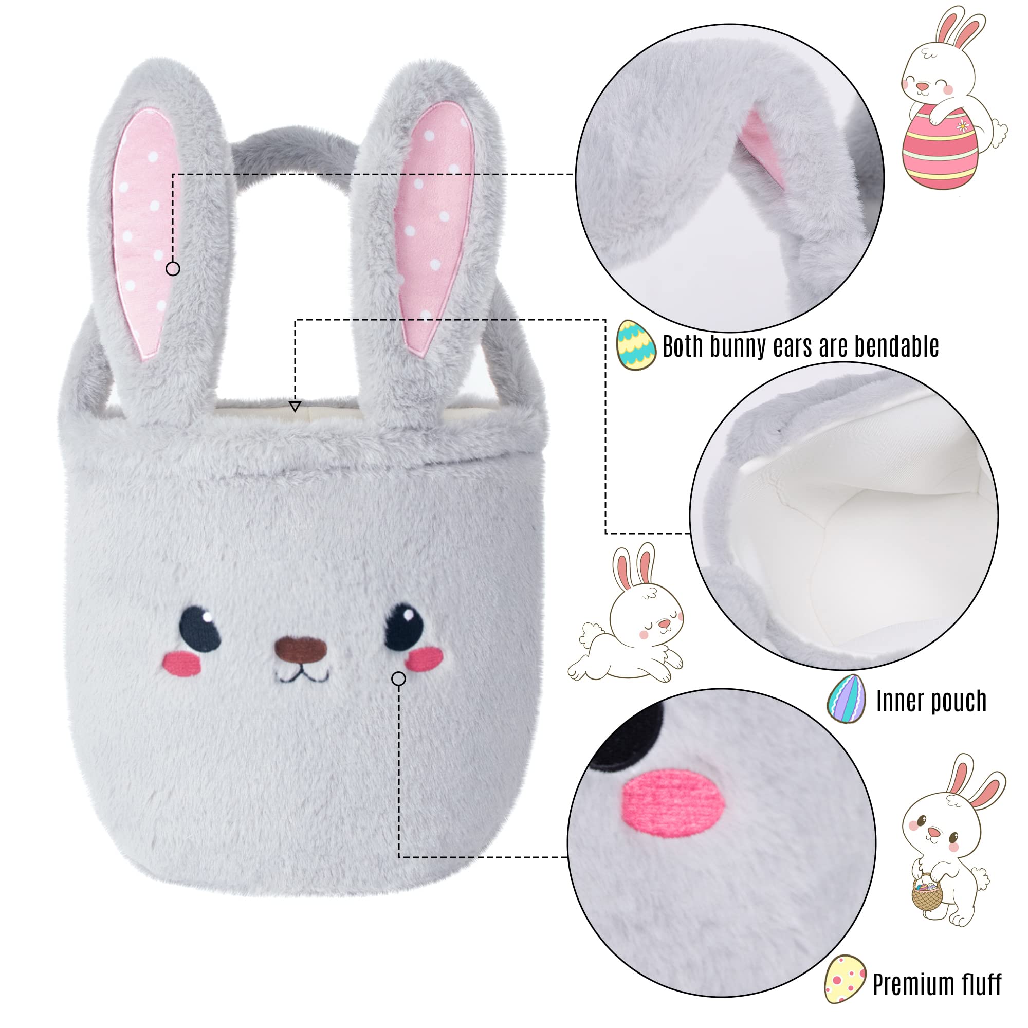 Easter Bunny Basket for Kids - Cute Grey Plush Foldable Ears Egg Hunt Tote with Handle - 9×9 Inch Candy Storage Bag for Boys Girls Teens - Perfect for Easter Decorations, Egg Hunts & Holiday Gift Giving