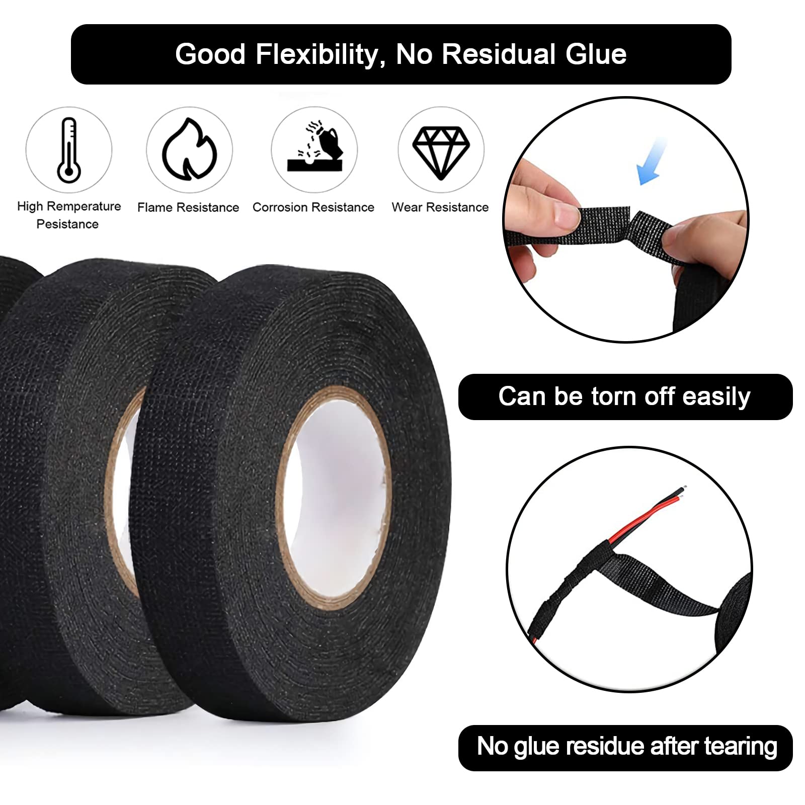 Premium Electrical Tape 6-Pack - 19mm x 15m Self-Adhesive Automotive Wiring Harness Tape - Black Vinyl Insulation Tape for Car Wiring, Electrical Repairs & DIY Projects - Ideal for Wire Bundling, Cable Management & Home Improvement