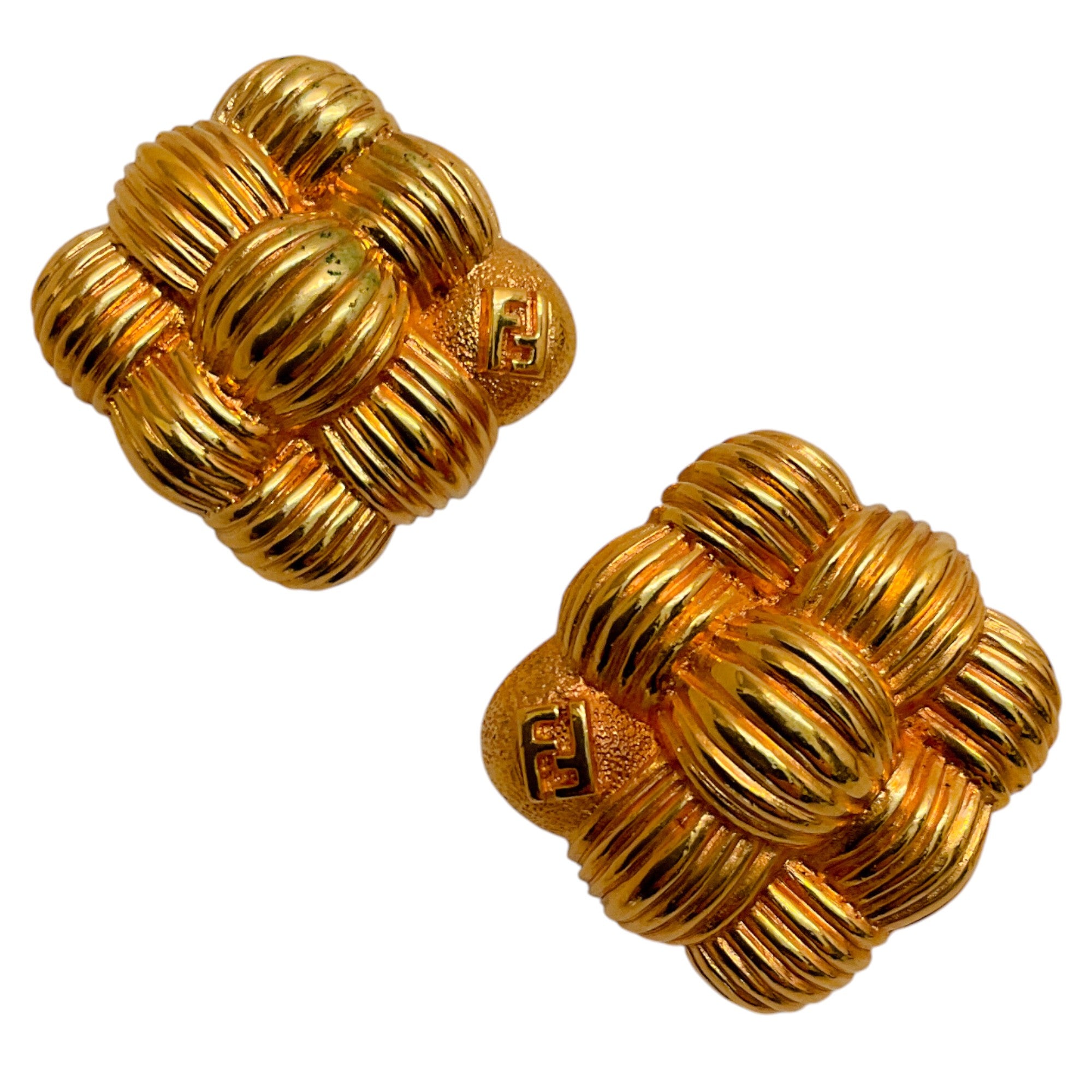 Fendi Vintage Gold Plated Basketweave Earrings for Women - Luxury Fashion Jewelry Gift for Birthday, Anniversary & Special Occasions