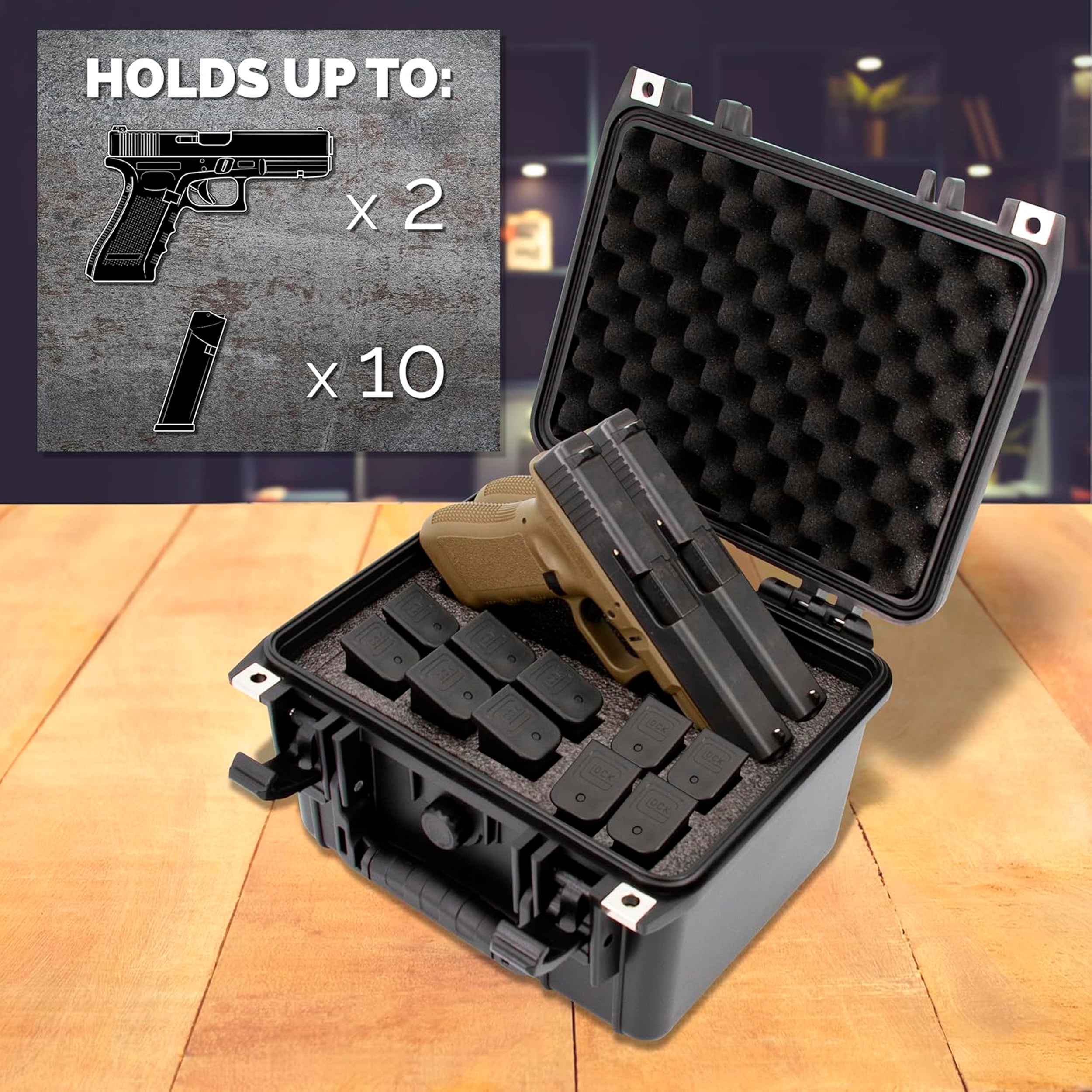 CASEMATIX Waterproof Hard Gun Case for 2 Handguns & 10 Magazines - Durable Pistol Storage with Removable Accessory Compartment | Perfect for Range Shooting, Hunting & Firearm Transport