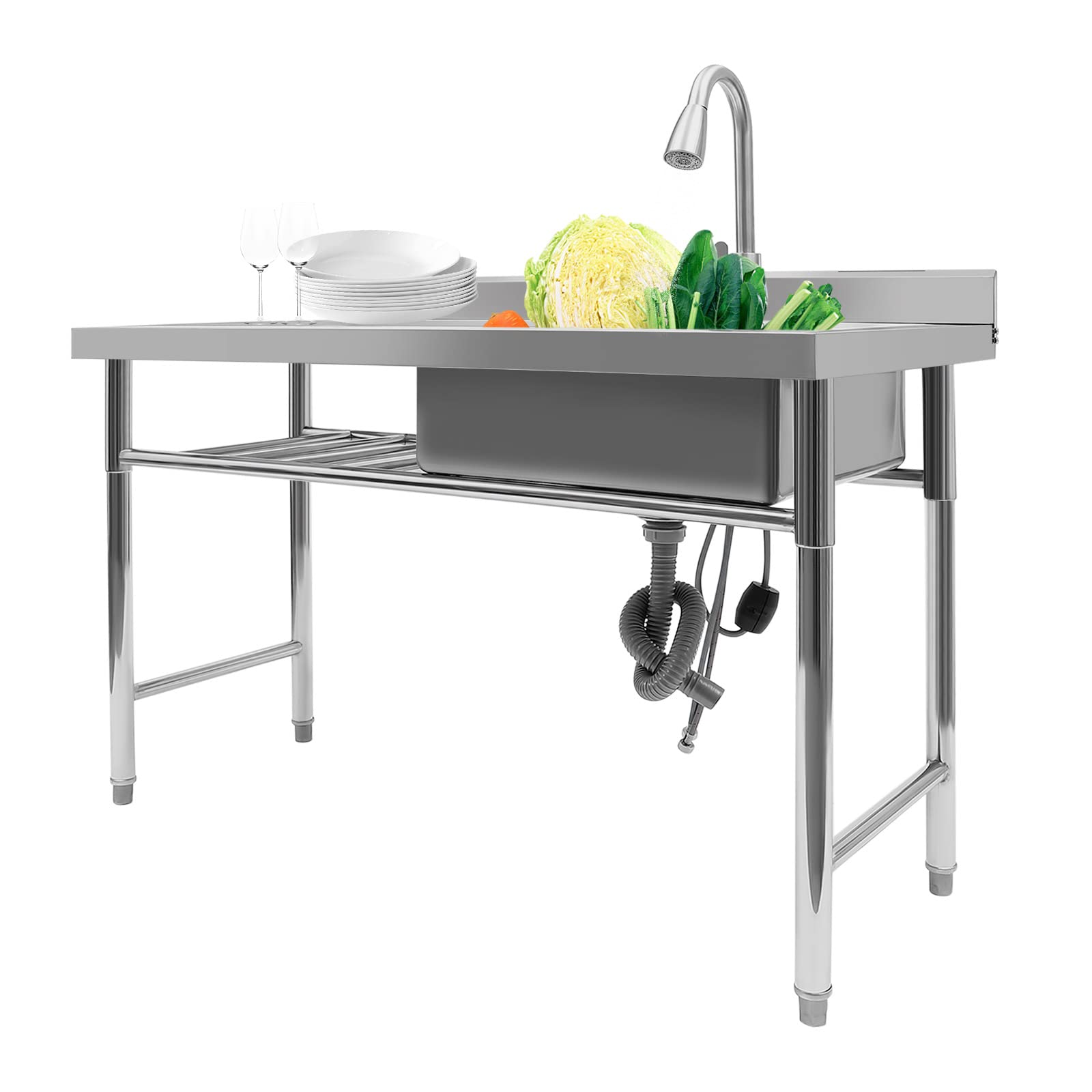 Commercial Stainless Steel Sink with Hot/Cold Faucet - 201 Grade Floor Standing Utility Sink for Kitchen, Restaurant & Hotel Use | Durable Prep Table & Workbench with Storage Shelves | Ideal for Food Prep, Dishwashing & Heavy-Duty Cleaning
