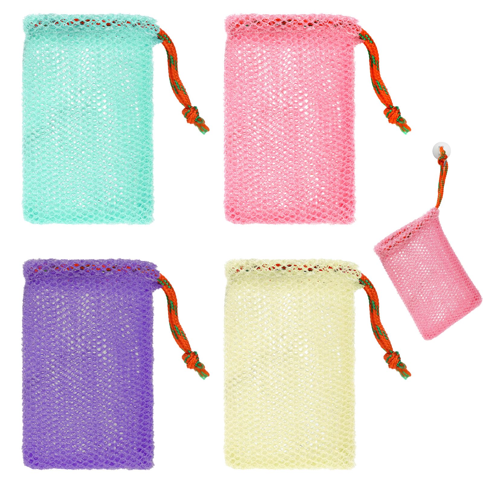 4 Pack Exfoliating Mesh Soap Pouches - Reusable Foam Net Soap Saver Bags with Drawstring for Bath & Shower | Gentle Skin Cleansing, Travel-Friendly & Eco-Friendly Bath Accessories (Multicolor) - Perfect for Sensitive Skin, Spa Days & Sustainable Living