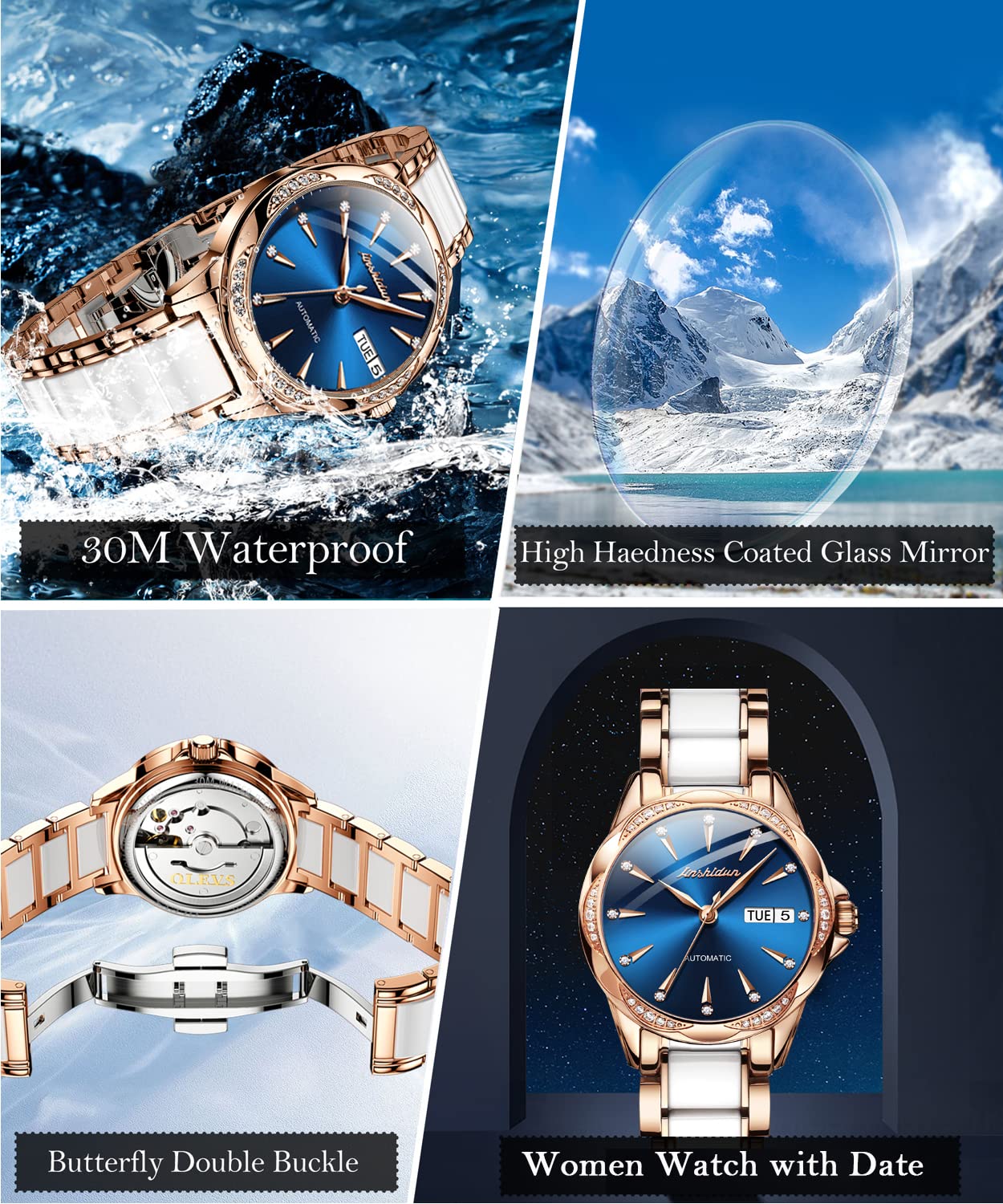 OLEVS Automatic Women's Watch with Blue Diamond Dial - Self-Winding Mechanical Watch, Ceramic & Stainless Steel Rose Gold Case, Day/Date Display, Water Resistant - Elegant Dress Watch for Women, Perfect Gift for Her | Office, Party, Wedding & Everyday Wear