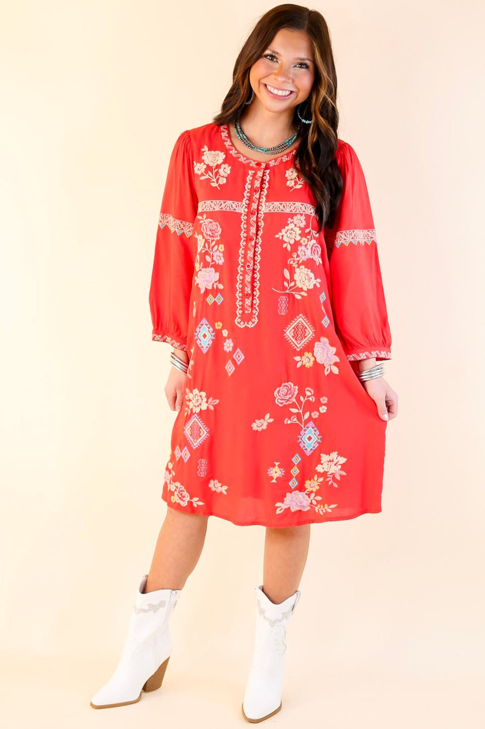 Red Half Button Embroidered Sleeve Dress for Women - Floral Summer Sundress for Beach, Party & Casual Wear