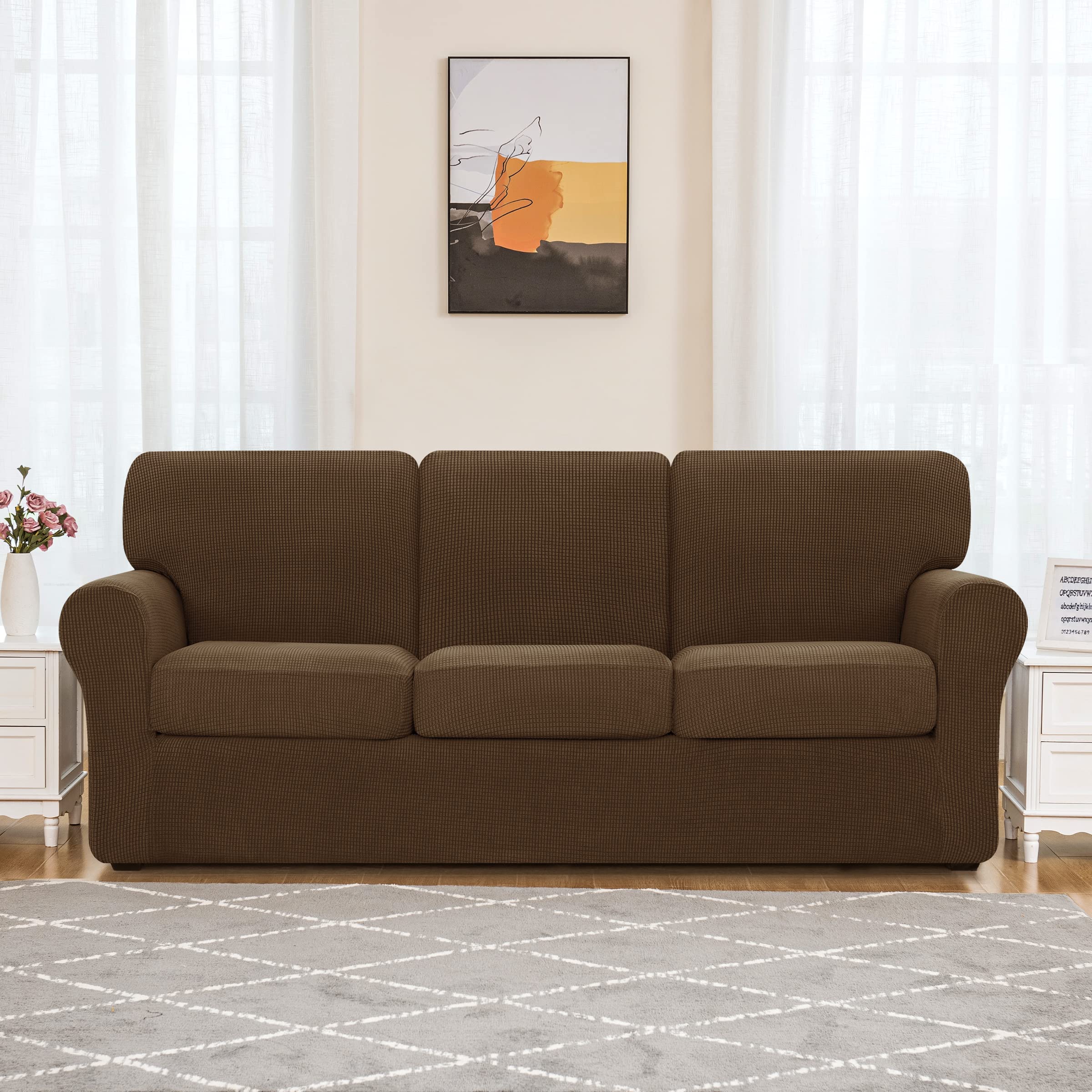 SUBRTEX 5-Piece Loveseat Cover & 7-Piece Sofa Cover Set - Stretchable Couch Slipcovers with Separate Backrest & Cushion Covers for Living Room (Medium/Large, Coffee) - Perfect for Home Decor, Furniture Protection & Pet-Friendly Use