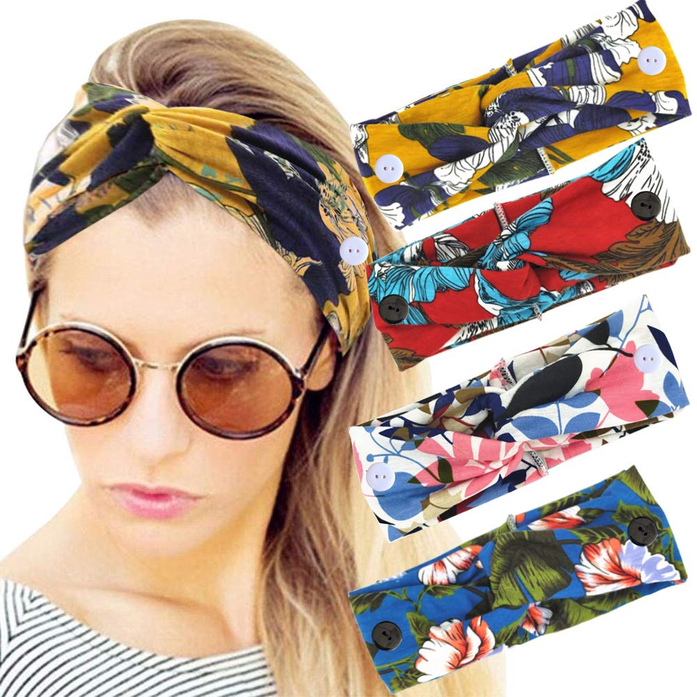 4 Pack Floral Button Headbands for Women - Adjustable Mask Headbands for Nurses, Head Wraps & Hair Accessories | Perfect for Work, Gym & Daily Wear