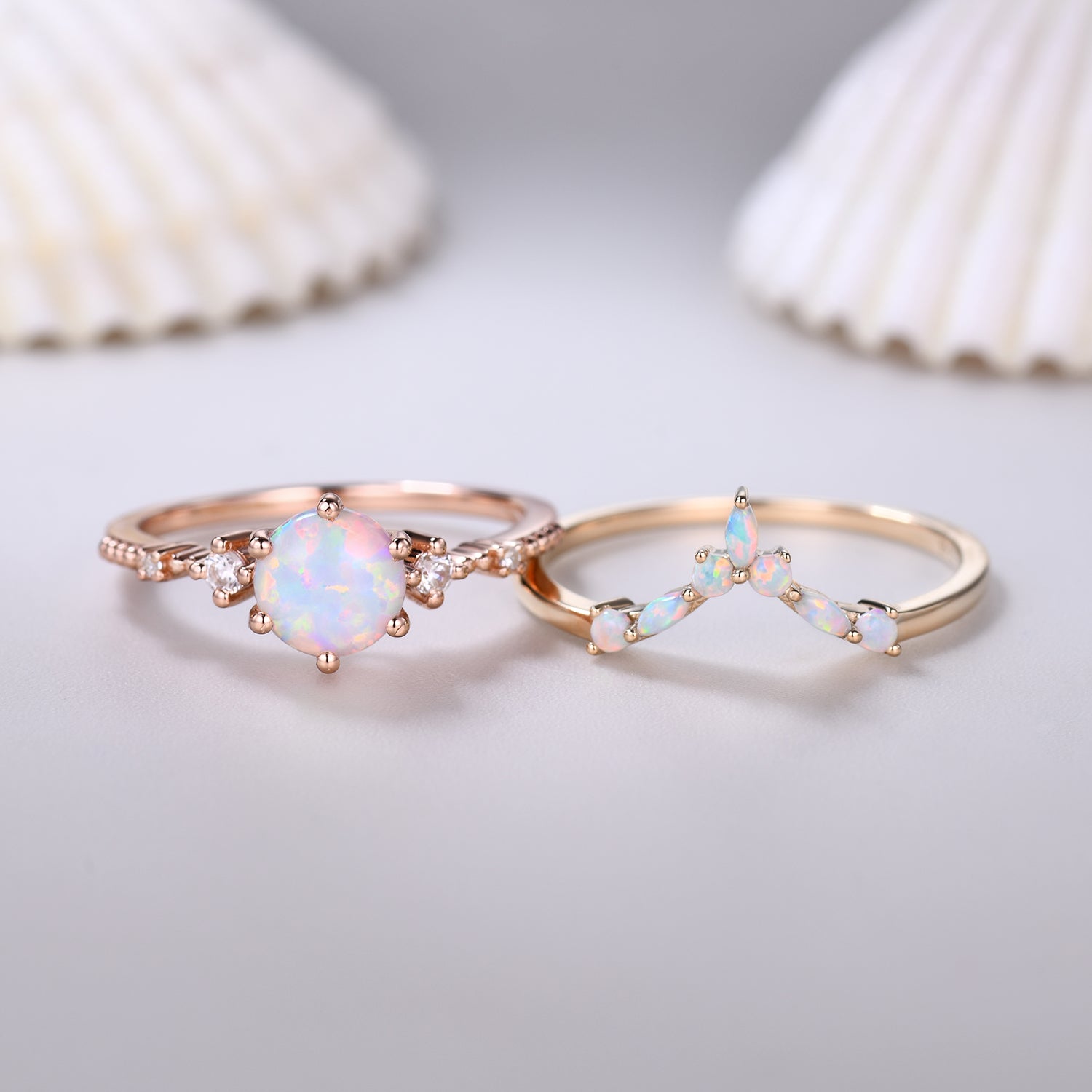 14K Solid Gold Round Opal Bridal Ring Set - Curved Wedding Band for Women, Anniversary Gift, Engagement Jewelry - Perfect for Weddings, Proposals & Special Occasions