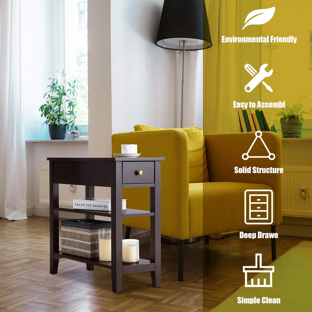 Giantex Narrow End Table Set of 2 - Small Side Table with Drawer & Shelf, Wood Accent Sofa Table & Skinny Nightstand for Small Spaces - Espresso Finish - Perfect for Living Room, Bedroom & Apartment Decor
