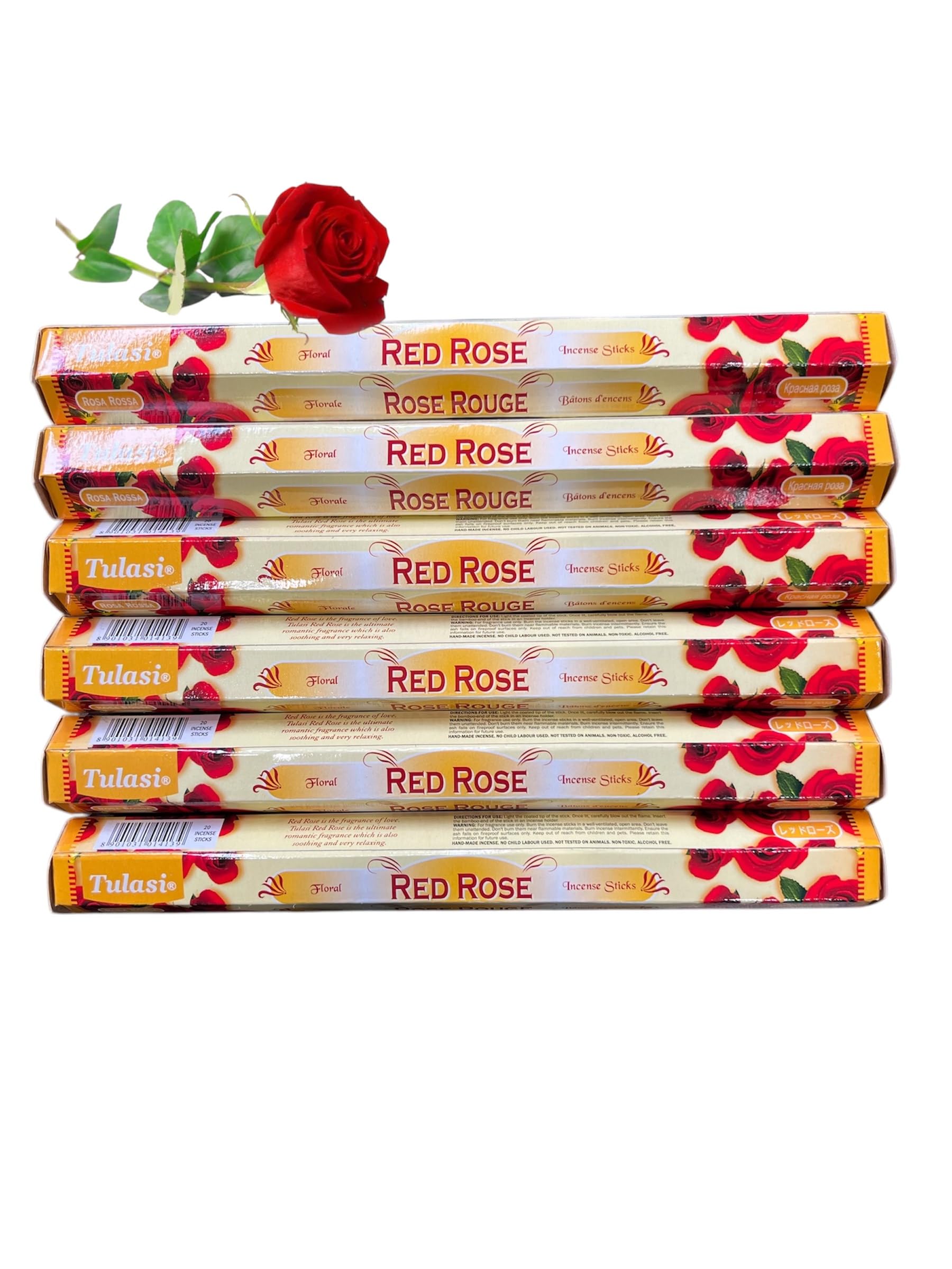 Premium Red Rose Incense Sticks - Box of 6 Hexagonal Tubes (20 Sticks Each) by Tulasi - Perfect for Meditation, Yoga & Aromatherapy