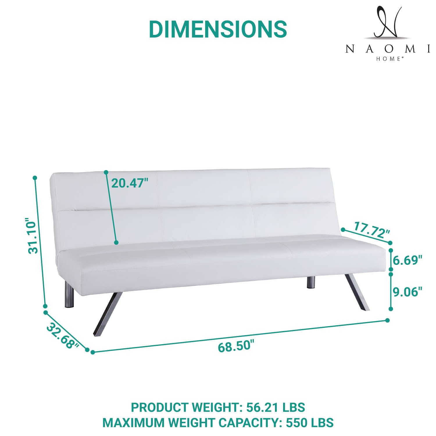 Naomi Home Faux Leather Convertible Futon Sofa Bed - Modern Folding Reclining Couch with Chrome Legs for Small Spaces | Perfect for Bedroom, Living Room, Studio Apartment & Guest Room (White)