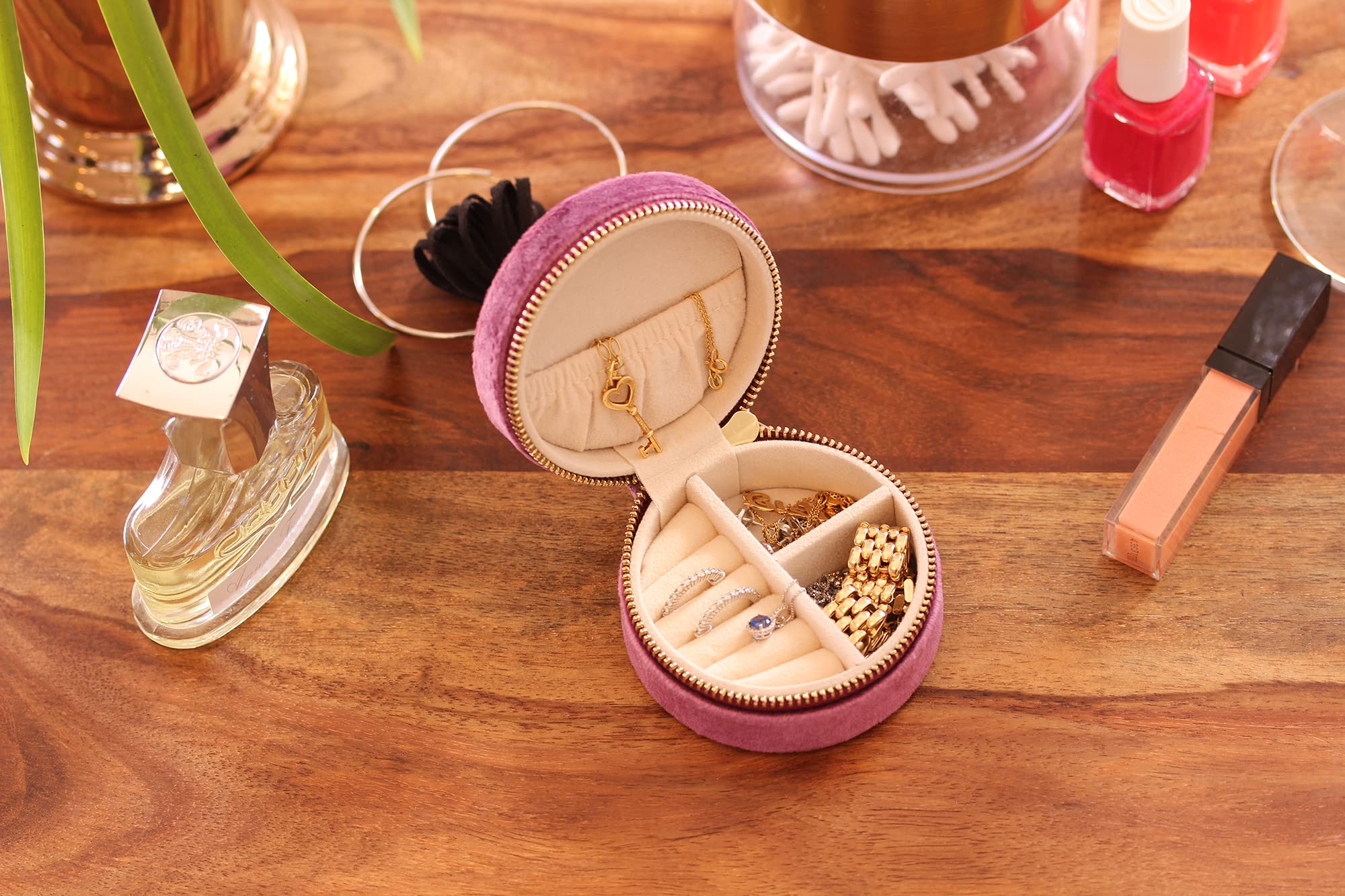 BLUETTE Velvet Jewelry Travel Case - Small Round Jewelry Organizer Box for Earrings, Rings & Necklaces - Portable Jewelry Storage Pouch, Perfect Gift for Women (Purple) | Great for Travel, Vacation & Daily Use