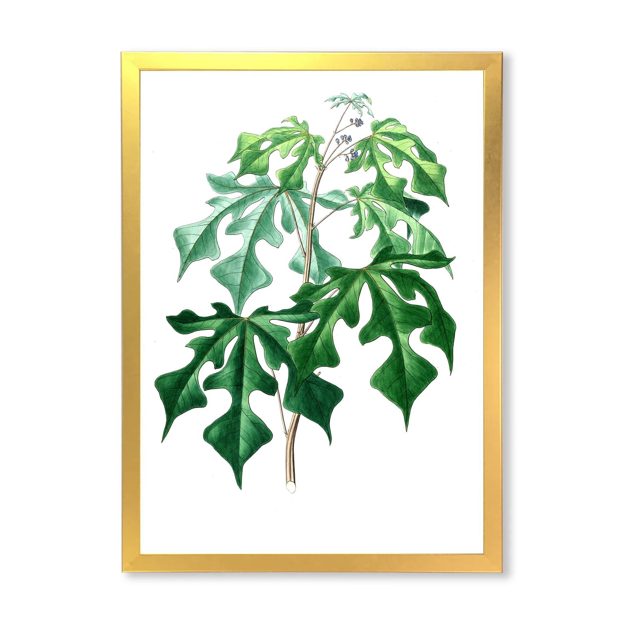 Vintage Green Leaves Plants II Traditional Framed Wall Art - Botanical Home Decor for Living Room, Bedroom & Office