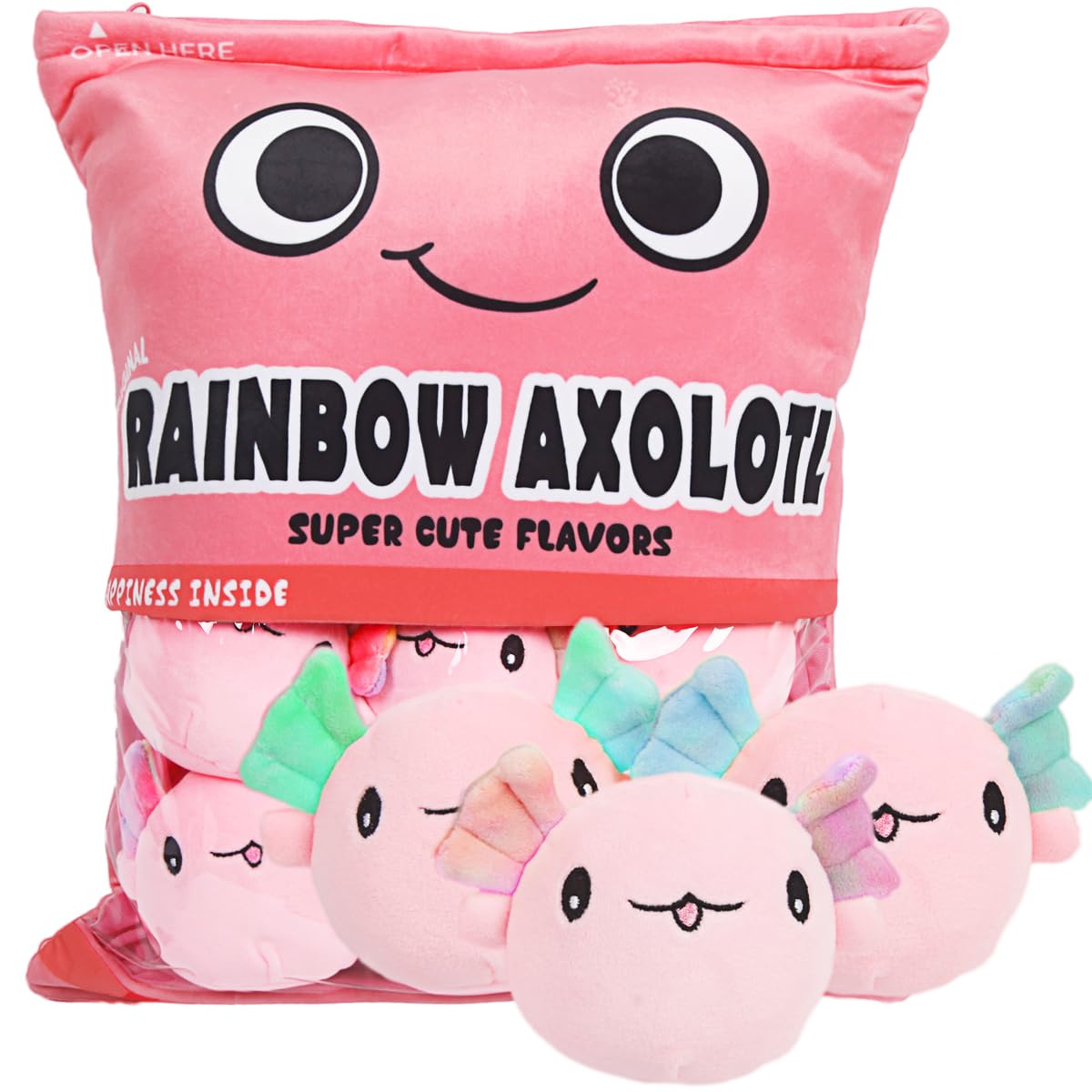 ARELUX Soft Pink Axolotl Plush Pillow Set - 6PCS Cute Stuffed Salamander Plushie with Removable Bag | Perfect for Kids' Room Decor, Birthday Gifts & Cozy Home Accessories