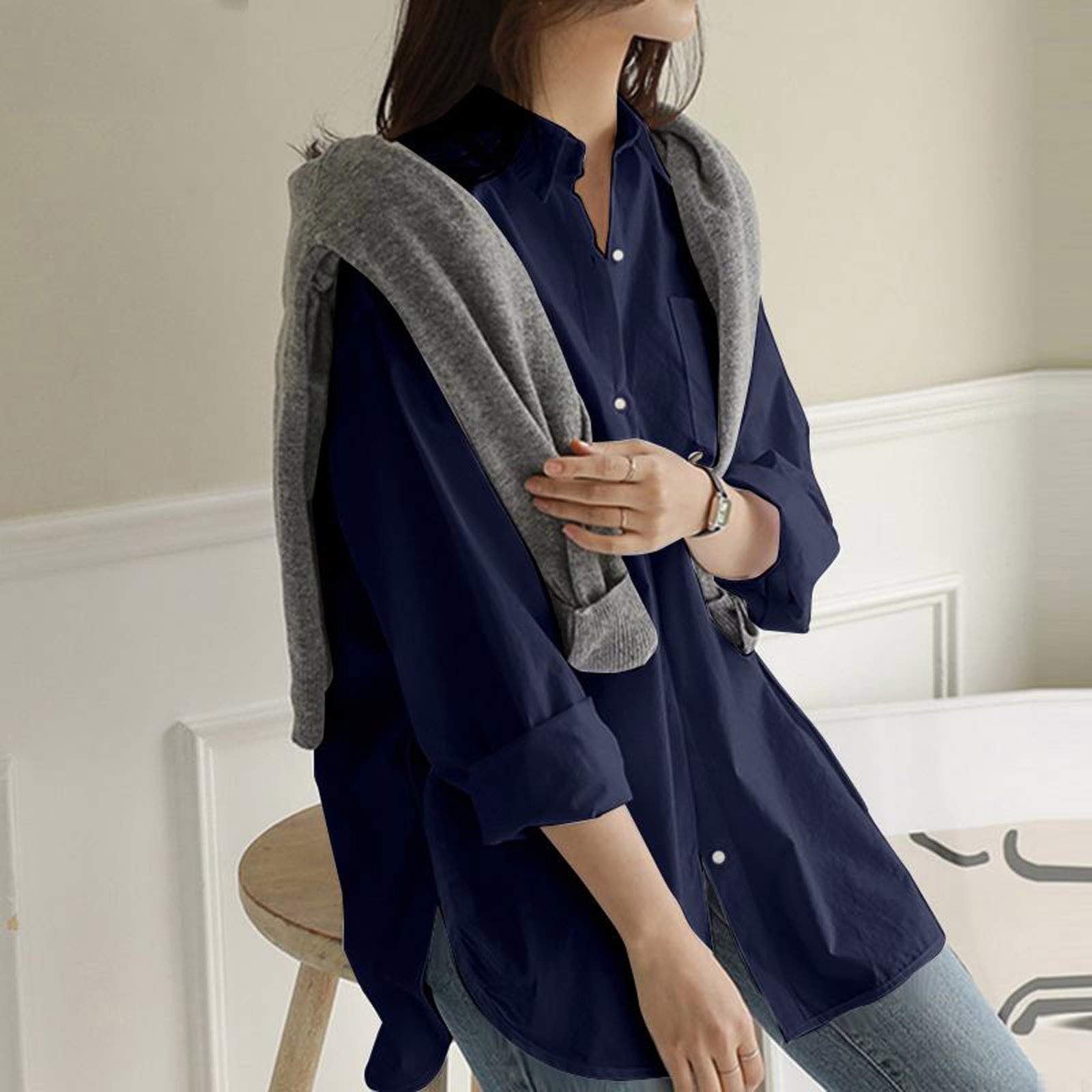 XUETON Women's Plus Size Casual Cotton Linen Blouse - Long Sleeve High Low Hem Tunic Top for Work, Office & Everyday Wear