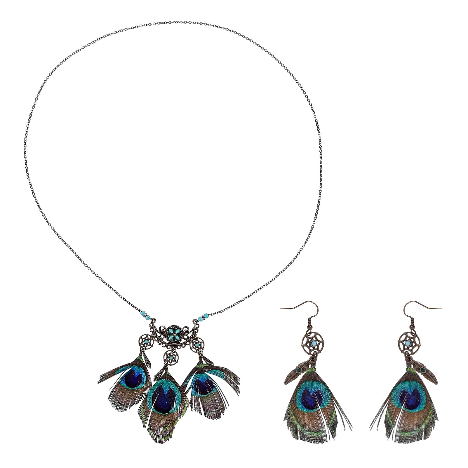 Happyyami Peacock Feather Earring and Necklace Set - Boho Vintage Dangle Earrings with Native Feather Pendant - Handmade Jewelry for Women & Girls - Perfect Mother's Day Gift - Ideal for Festivals, Parties and Boho Fashion