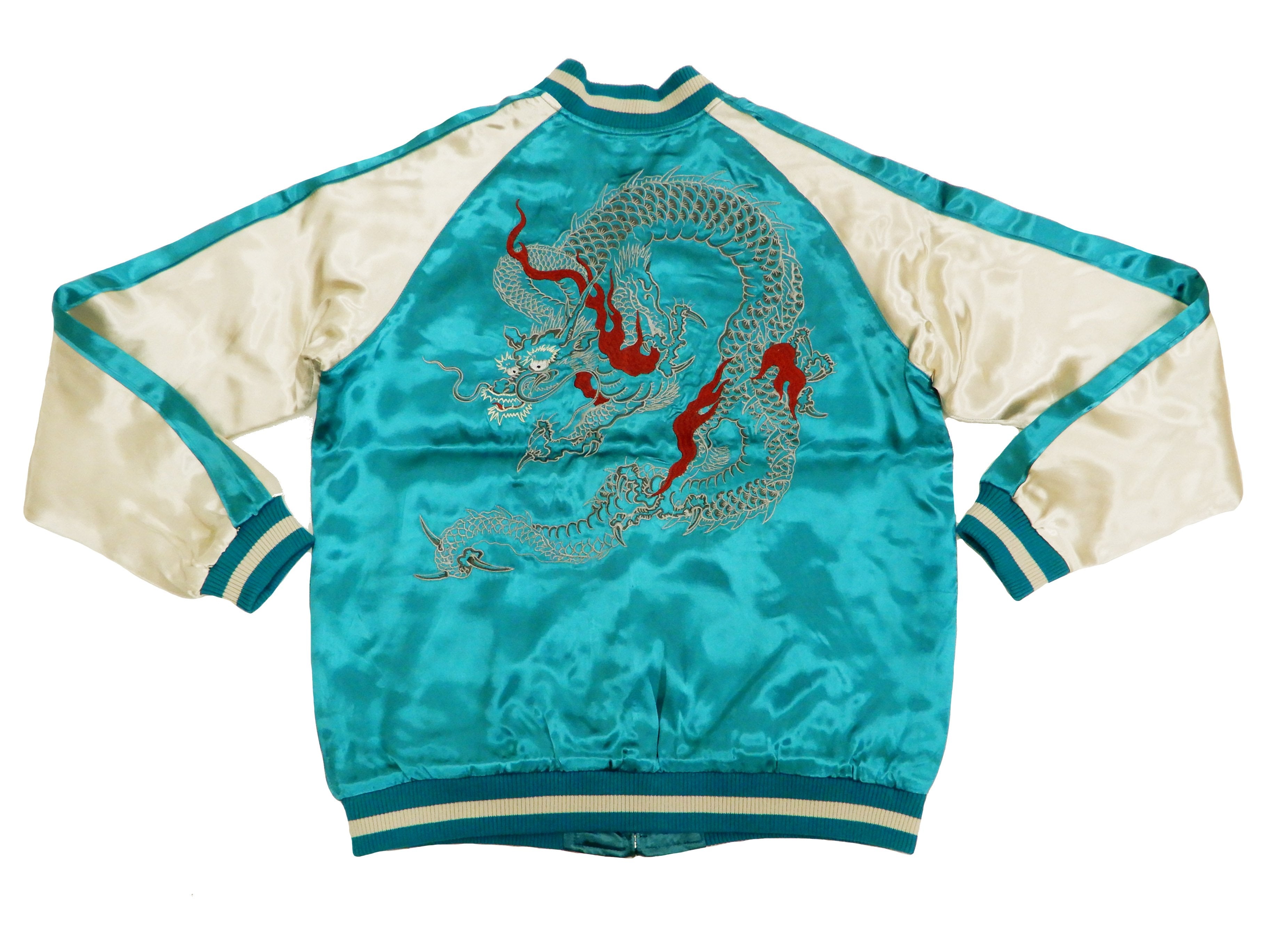 Japanese Souvenir Jacket for Men - Dragon Embroidered Sukajan Bomber Jacket in Blue Green/Off White | Vintage-Inspired Asian Streetwear | Perfect for Casual Outfits, Cosplay & Festival Fashion