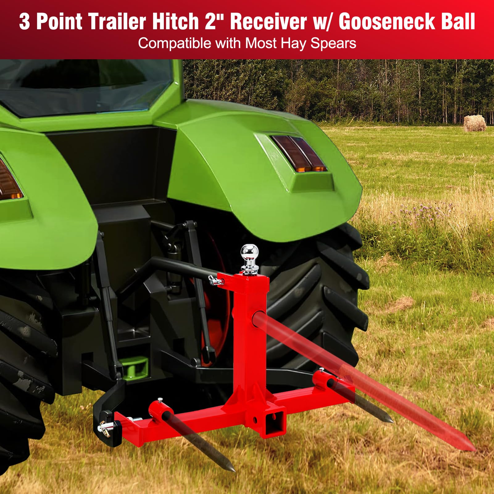GARVEE 3000lbs 3-Point Gooseneck Trailer Hitch - 2 Inch Receiver for Category 1 Tractors - Heavy Duty Towing for Farm Equipment, Livestock Trailers & Agricultural Implements