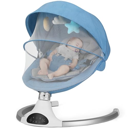 Baby Swing for Infants - 3 Speed Adjustable Rocker with 5-Point Safety Harness, Bluetooth Music & 10 Lullabies, Remote Control & 3 Hanging Toys (Blue) - Perfect for Nursery, Playtime & Soothing Fussy Babies