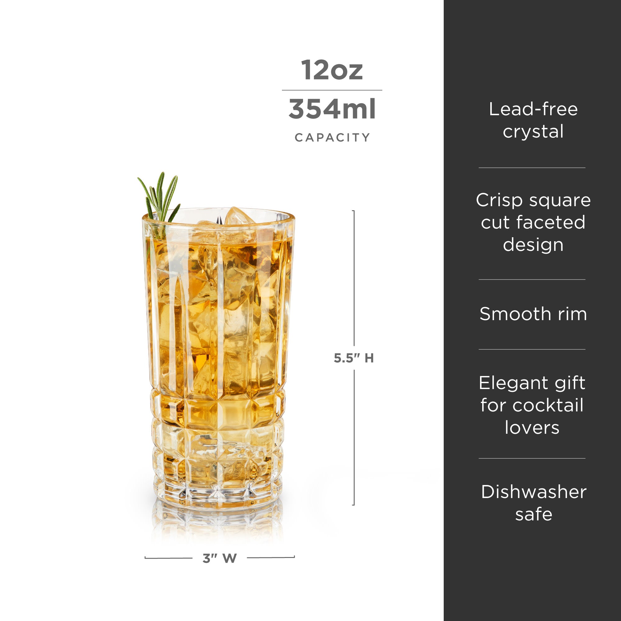 Premium Highland Crystal Highball Glasses Set of 4 - Elegant 12oz Whiskey & Cocktail Drinking Glasses for Home Bar, Parties & Entertaining - Dishwasher Safe Lead-Free Glassware