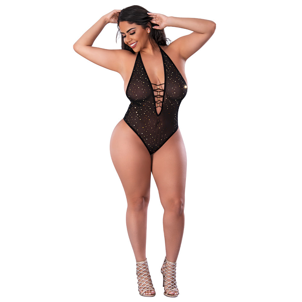 Exposed Glitz & Glam Plunging Low Back Sequin Mesh Teddy for Curvy Women - Perfect for Evening Parties, Date Nights & Special Occasions