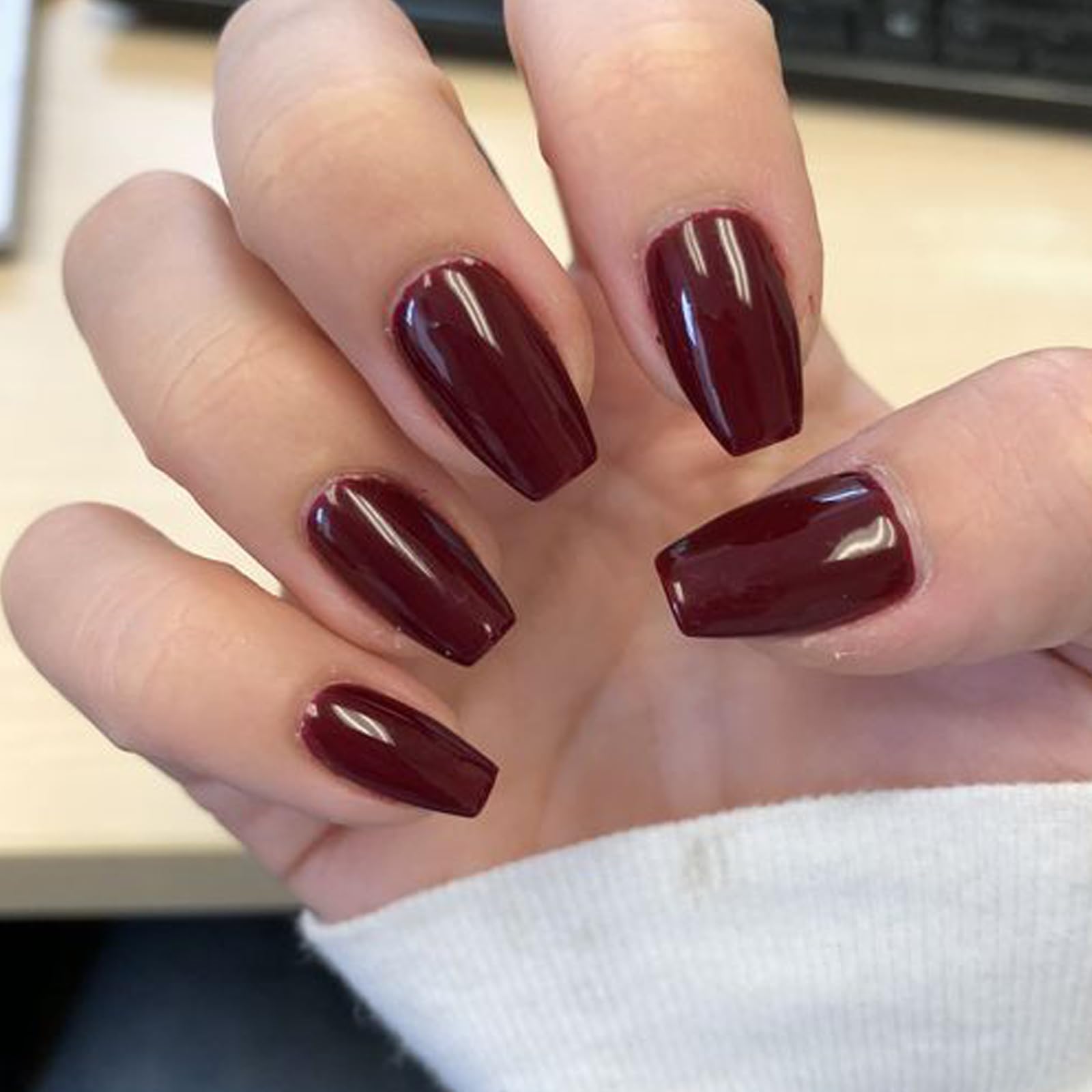 GLAMERMAID Thanksgiving Press-On Nails Short Coffin Style - 24Pcs Burgundy Glossy Medium Square Fake Nails with UV Finish - Reusable Acrylic False Nails Manicure Kit for Women - Perfect for Spring Summer Holidays, Parties & Special Occasions
