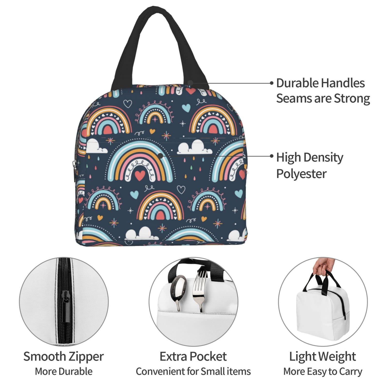 Insulated Navy Rainbow Lunch Box for Women & Men - Reusable Thermal Lunch Bag for Office, School, Camping, Hiking, Picnic, Beach & Travel - Keep Food Fresh All Day