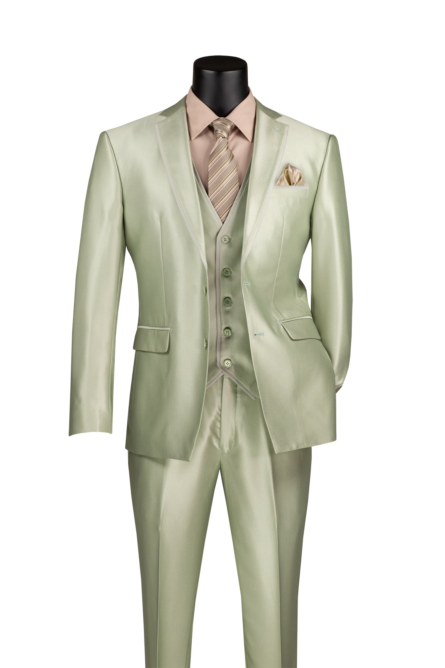 Light Sage Satin Slim Fit 3-Piece Suit with 2 Buttons | Formal Business Attire for Weddings & Office Meetings
