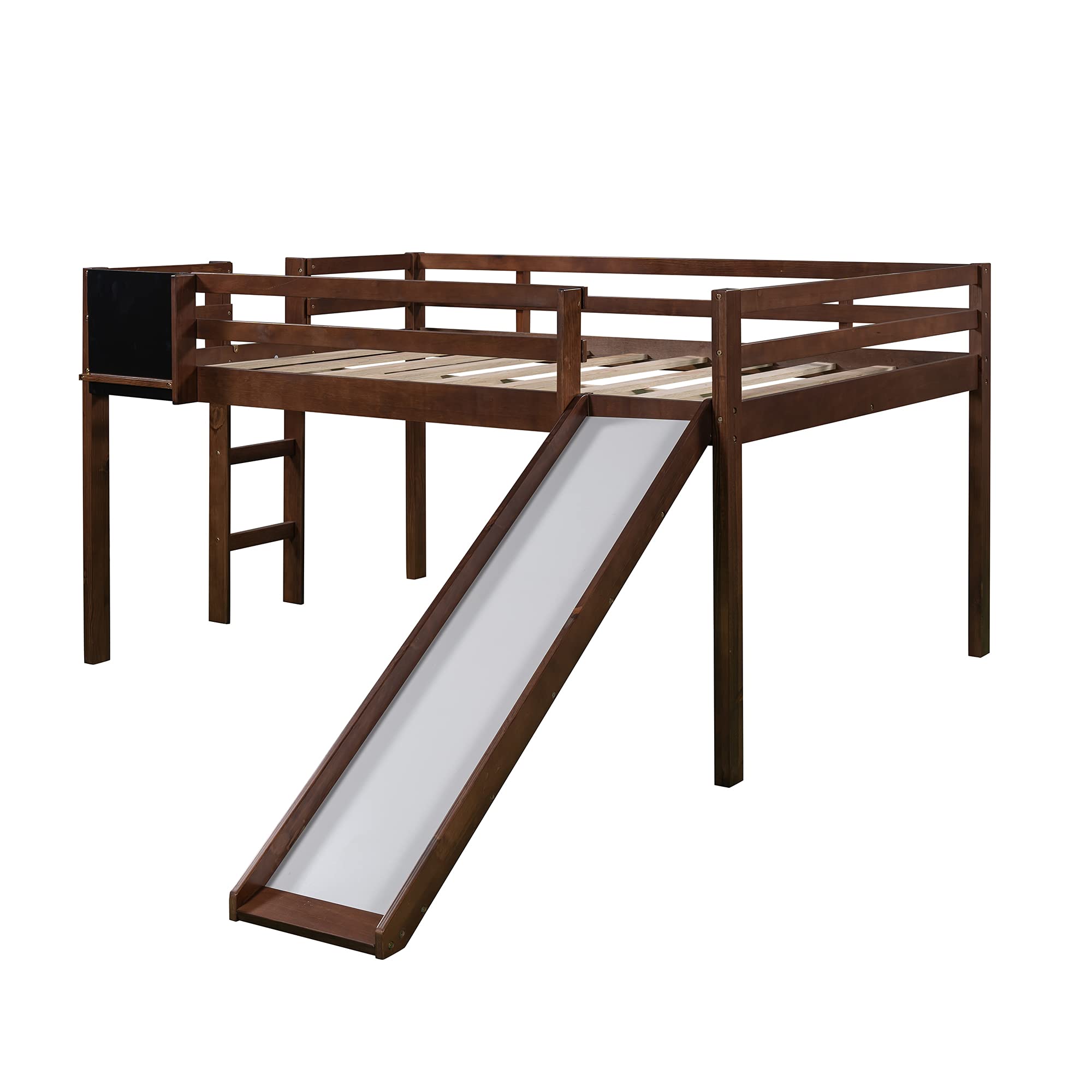 Full Size Solid Wood Loft Bed with Slide, Stairs & Chalkboard - Low Profile Kids Bedroom Furniture for Apartments & Dorm Rooms - Perfect for Boys, Girls & Teens (Walnut Finish) - Space-Saving Sleep & Play Solution for Small Rooms