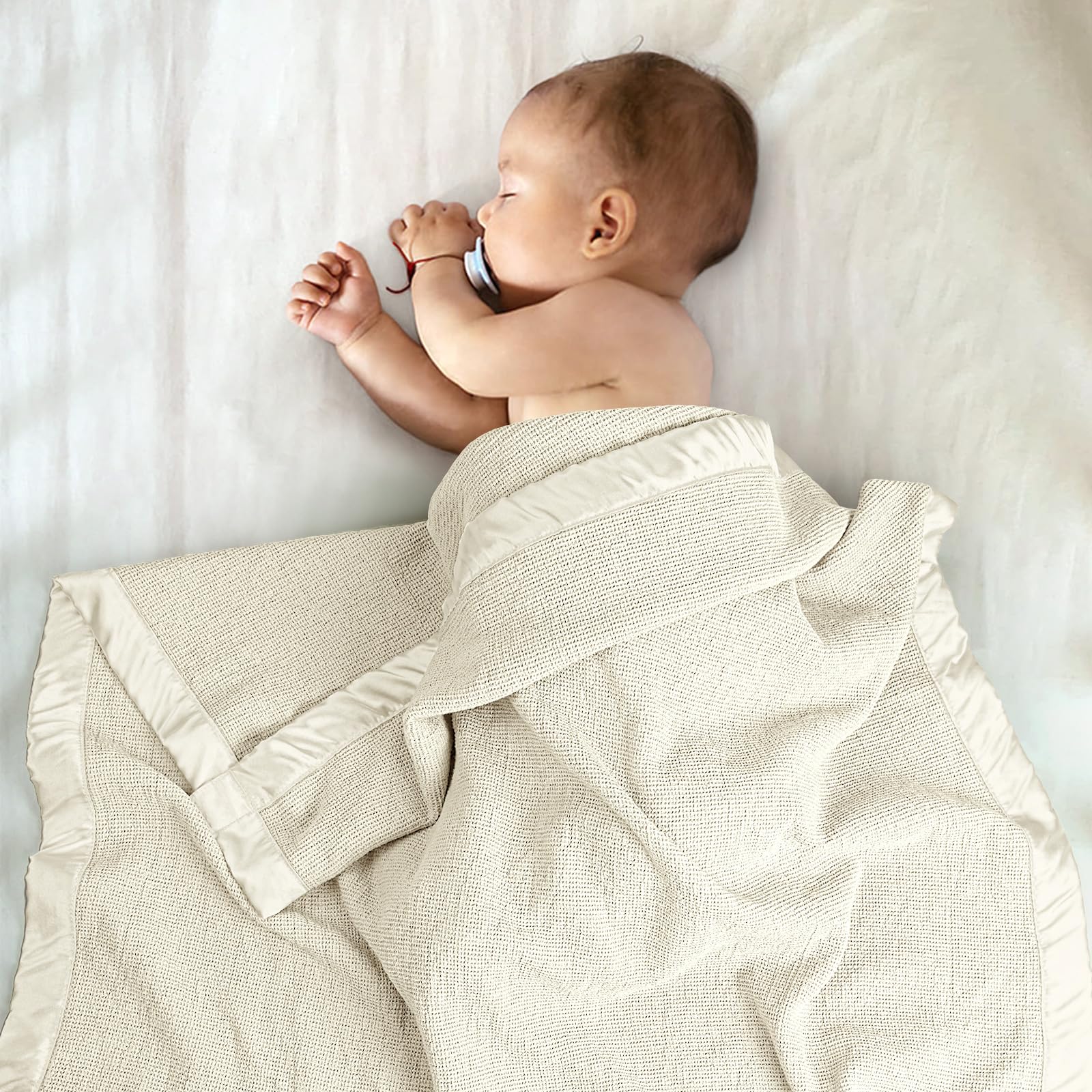 Soft Cotton Waffle Baby Swaddle Blanket with Satin Trim - Breathable Nursing Cover & Crib Blanket for Newborns & Toddlers - Perfect for Naptime, Swaddling & Baby Shower Gifts (Cream)