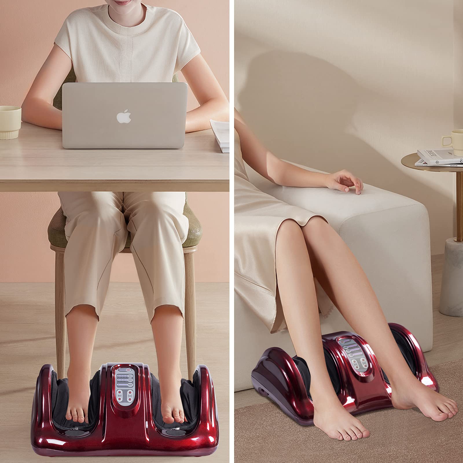 RELAX4LIFE Shiatsu Foot Massager Machine with Remote Control - 4 Programs & 3 Modes for Deep Kneading, Electric Calf & Foot Massage - Relieves Plantar Fasciitis, Tired Muscles - Touch Panel & Burgundy Design - Perfect for Home, Office & Post-Workout Recovery