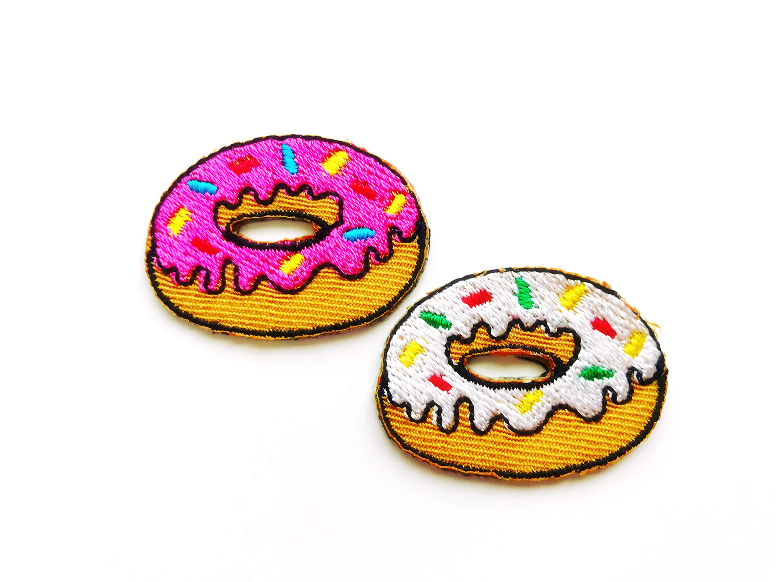 Set of 2 Mini White Chocolate Strawberry Donut Iron-On Patches - Embroidered Applique for Clothing & Costumes - Perfect for DIY Crafts, Jacket Decor, and Kids' Costume Accessories