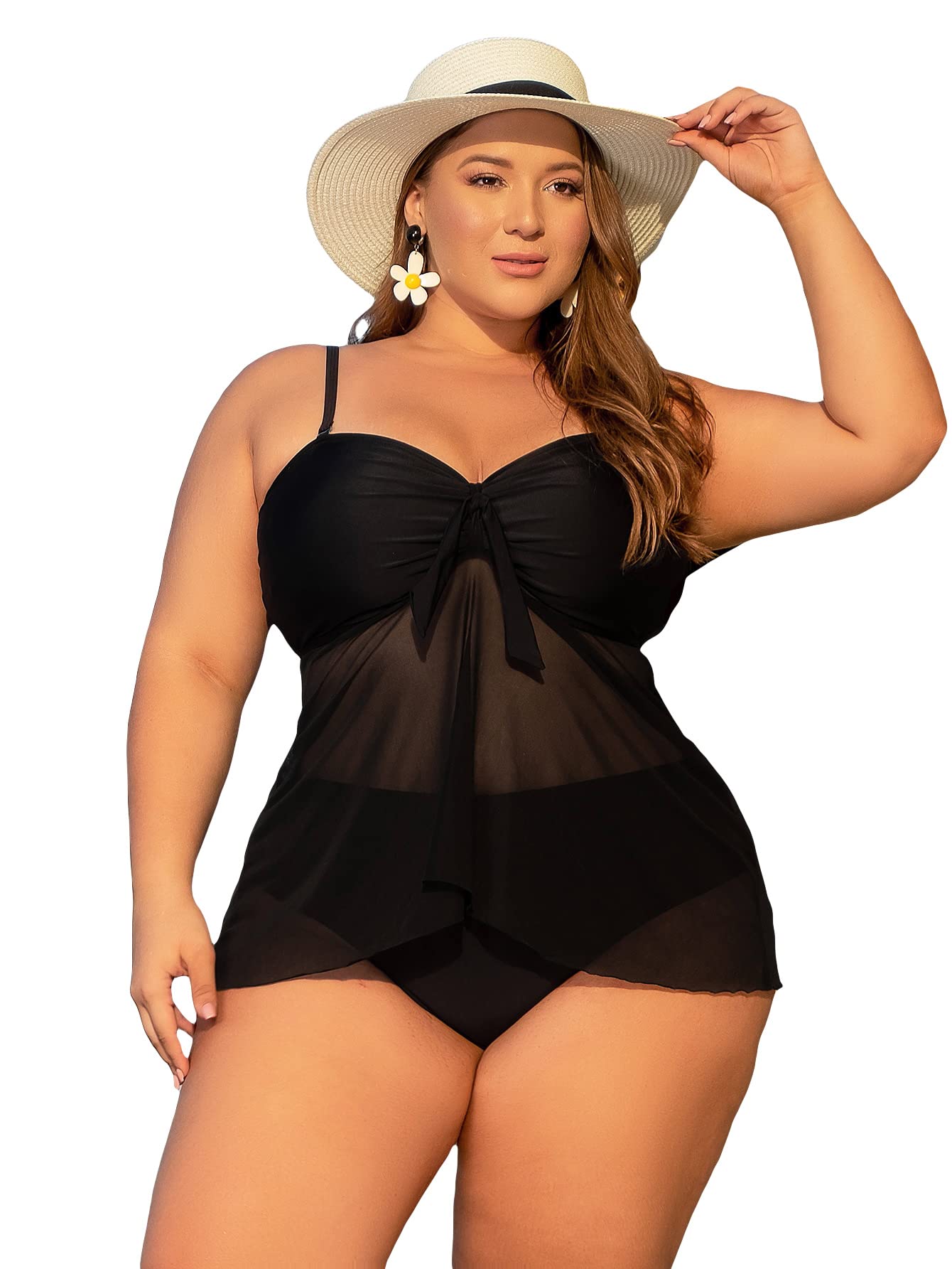 MakeMeChic Women's Plus Size Tankini Swimsuit - High Waisted Bathing Suit with Contrast Mesh Design | Perfect for Beach Vacations, Pool Parties & Summer Getaways