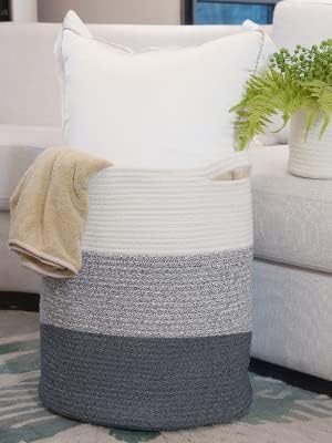 COMFY-HOMI XXL Large Laundry Basket with Handles - Woven Cotton Rope Storage Organizer for Blankets, Toys & Clothes (16”x18”, 3-Tone Grey) | Perfect for Nursery, Living Room & Pet Toy Storage
