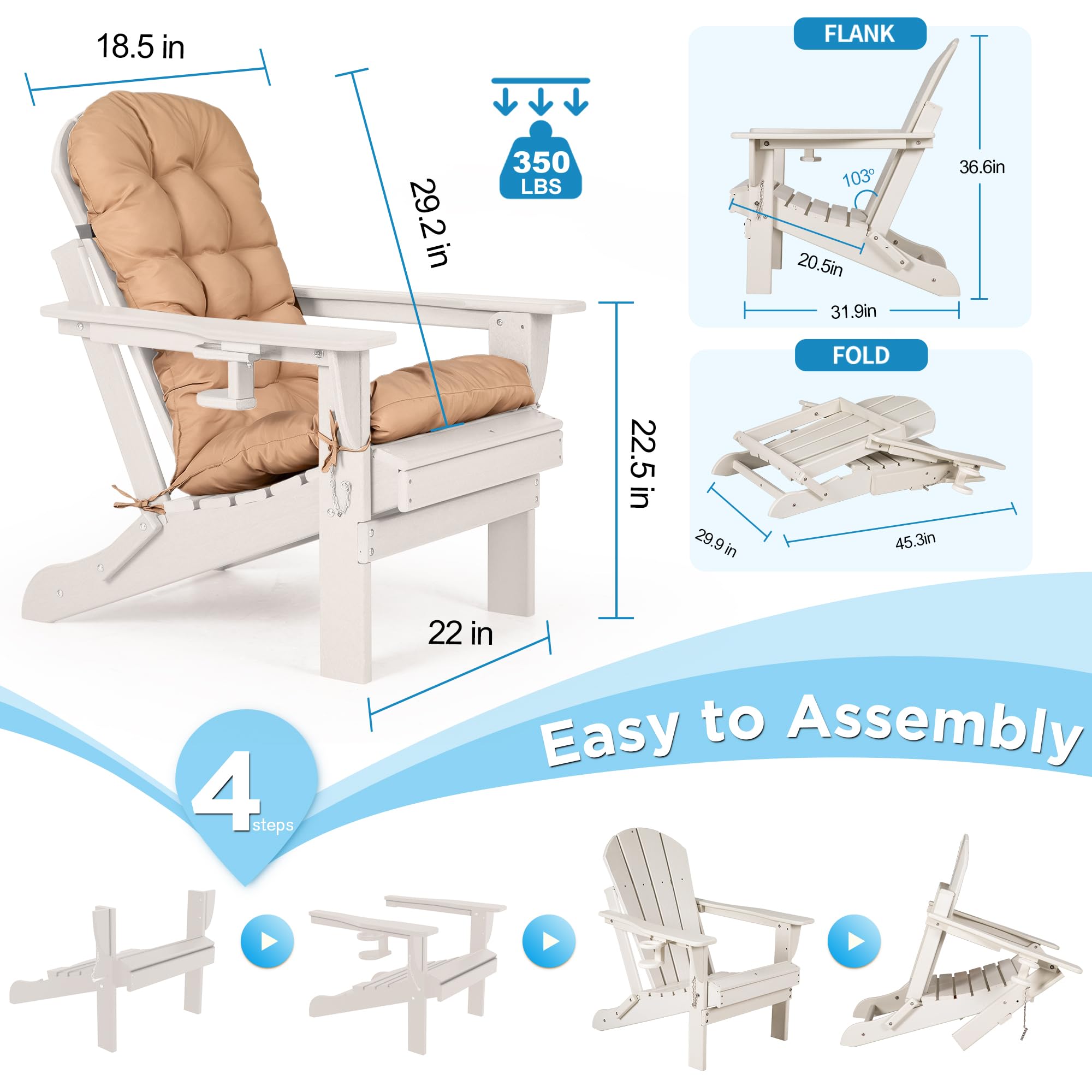 Nalone 2-Pack Folding Adirondack Chairs with Cushions & Cup Holders - HDPE Plastic Oversized Patio Chairs, Weather-Resistant Outdoor Furniture for Garden, Deck, Fire Pit, Camping & Backyard Relaxation (White)