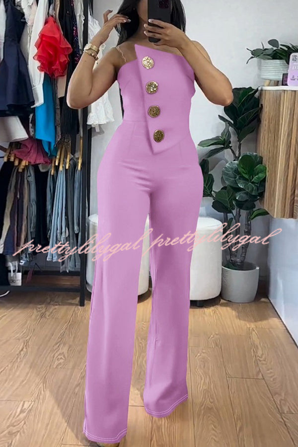 Solid Color Sexy Tube Top Gold Button Embellished Bootcut Jumpsuit for Women | Elegant One-Piece Romper with Metallic Accents | Perfect for Night Out, Party & Special Occasions