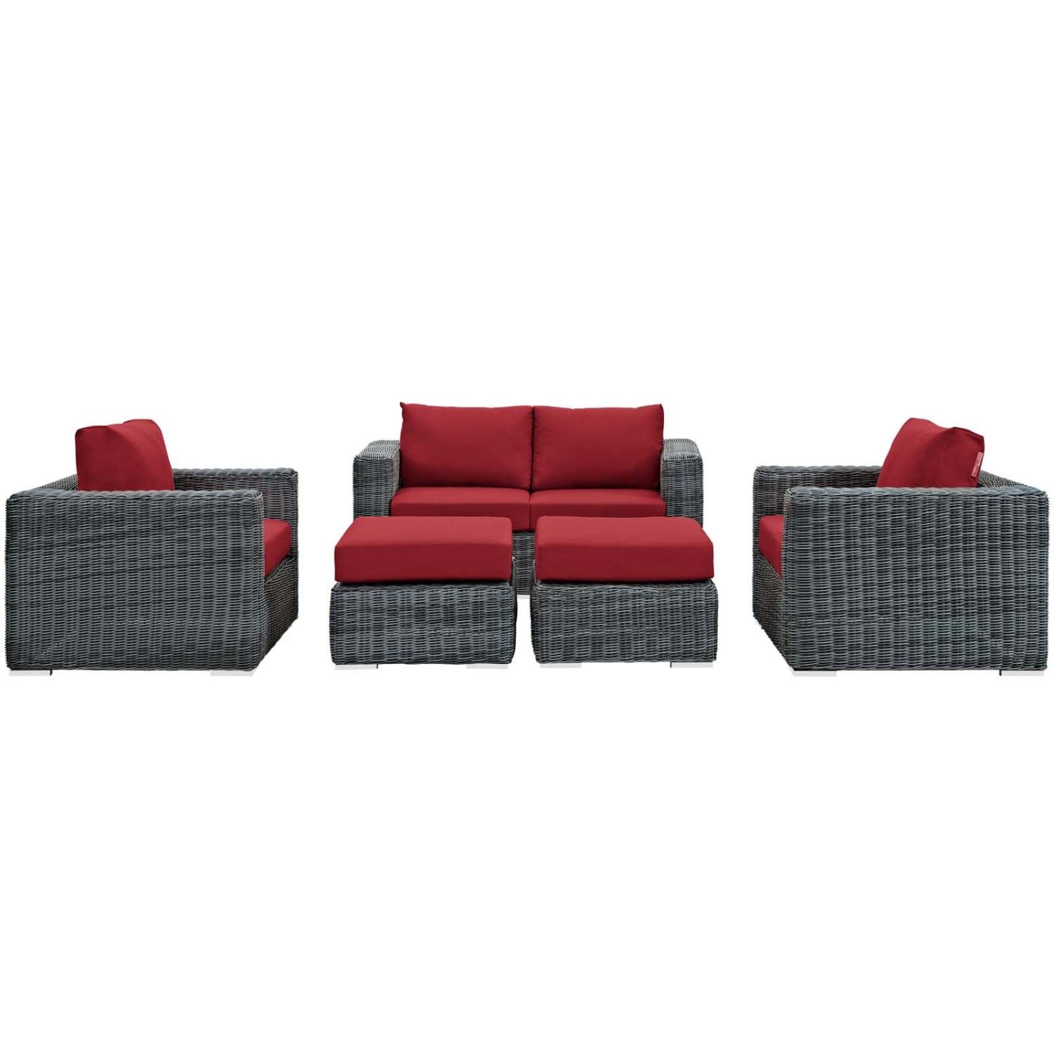 Modway Summon 5-Piece Outdoor Patio Sectional Sofa Set with Sunbrella Cushions - Waterproof & UV Resistant - Canvas Red - Perfect for Backyard, Poolside & Garden Relaxation