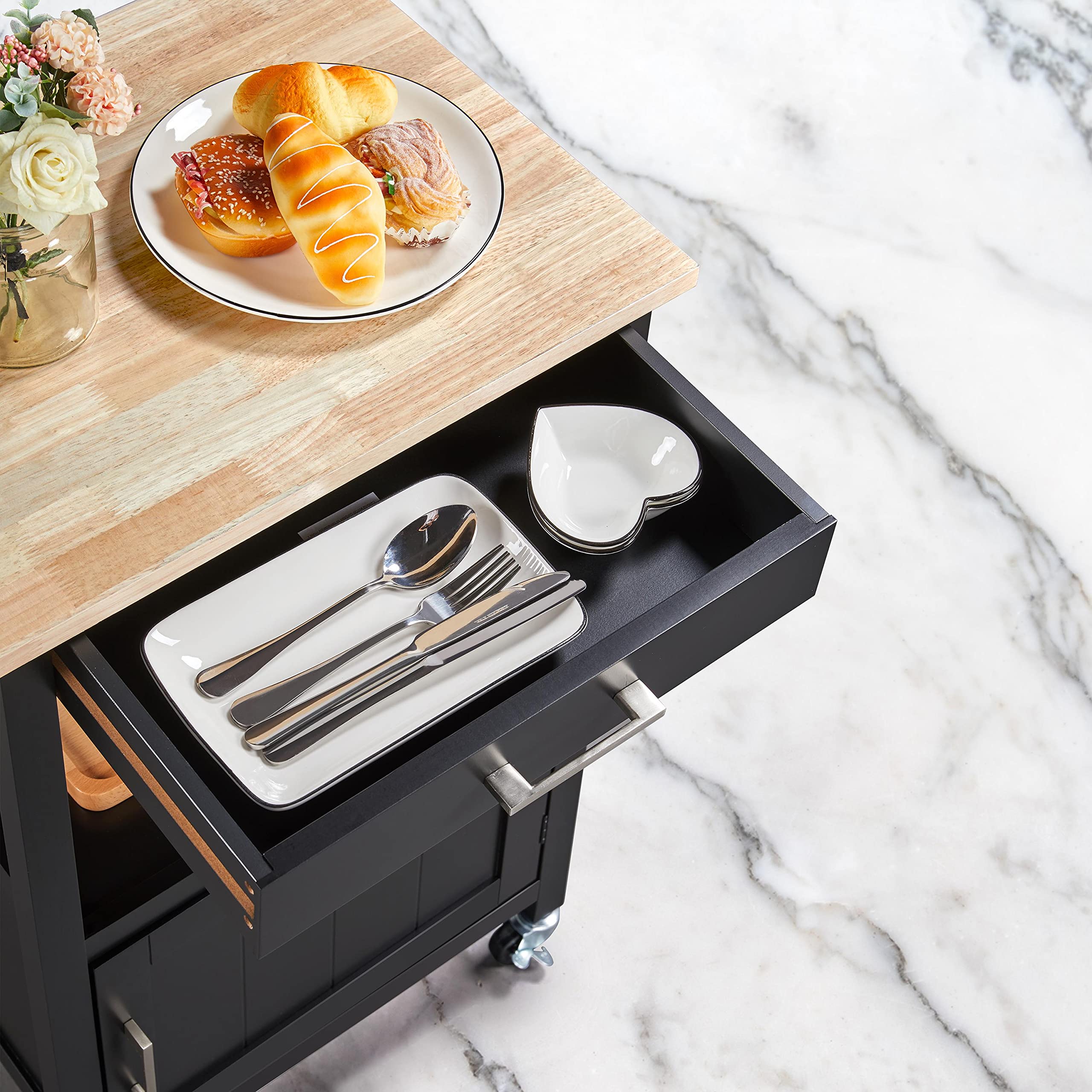 Topeakmart Kitchen Island Cart with Wood Top, Drawer & Storage Cabinet - Microwave Stand for Dining Room, Black - Perfect for Small Spaces, Kitchen Organization & Extra Counter Space