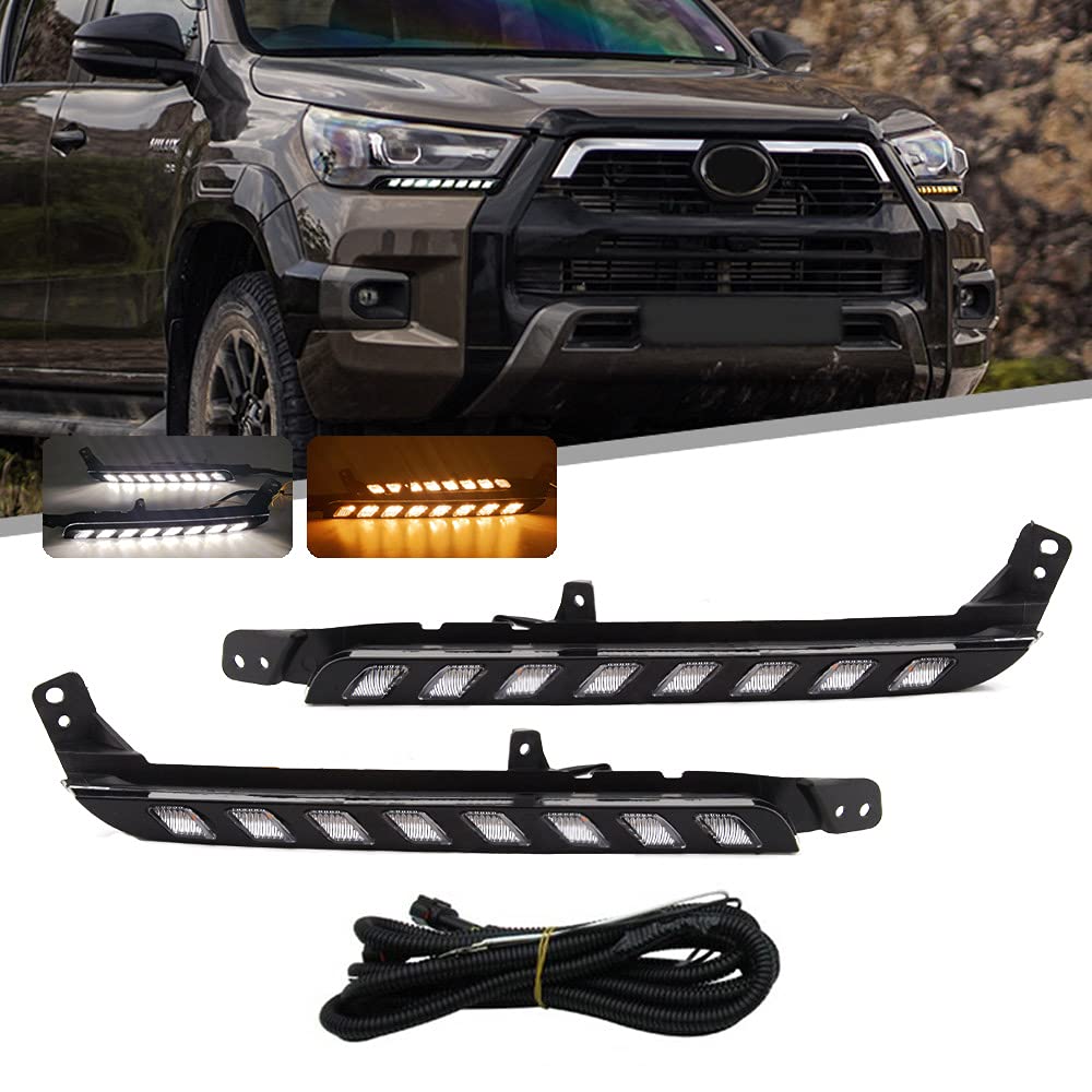 2020-2021 Toyota Hilux Revo Rocco LED Daytime Running Lights with Dynamic Yellow Turn Signal - DRL Light Bar & Wiring Harness Replacement Kit | Off-Road & Night Driving Safety Upgrade