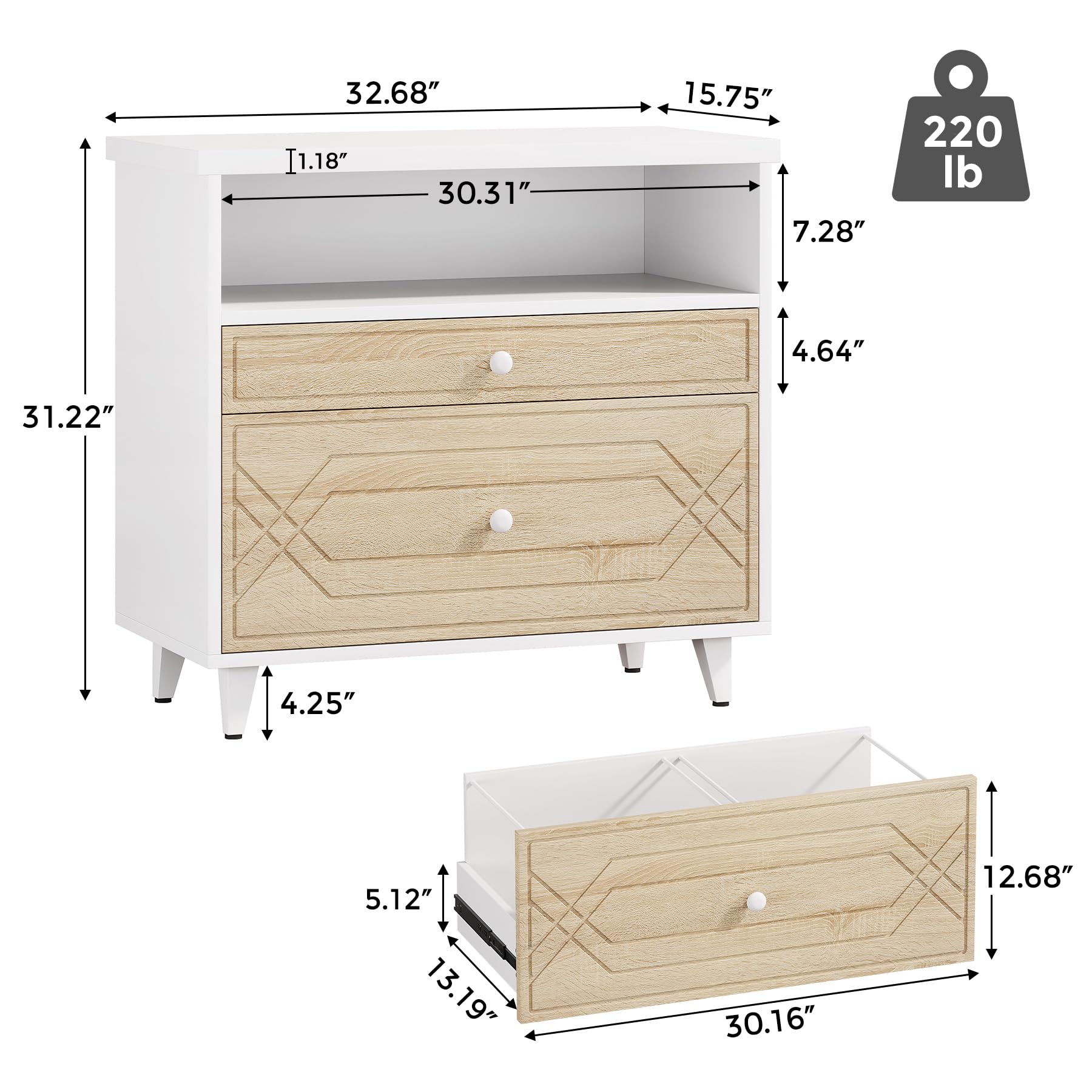 2-Drawer Lateral File Cabinet with Shelf - Modern Industrial Office Storage for A4/Letter/Legal Size Documents - White & Light Brown Home Office Cabinet | Perfect as Printer Stand & Document Organizer for Workspaces