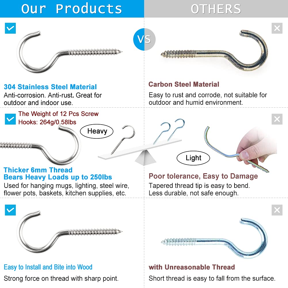 3.5 Inch 304 Stainless Steel Screw Hooks - 12 Pack Heavy Duty Metal Hanging Hooks for Ceiling, Wall, Kitchen, Plants & Mugs - Rustproof Cup Hooks for Home Organization & Storage