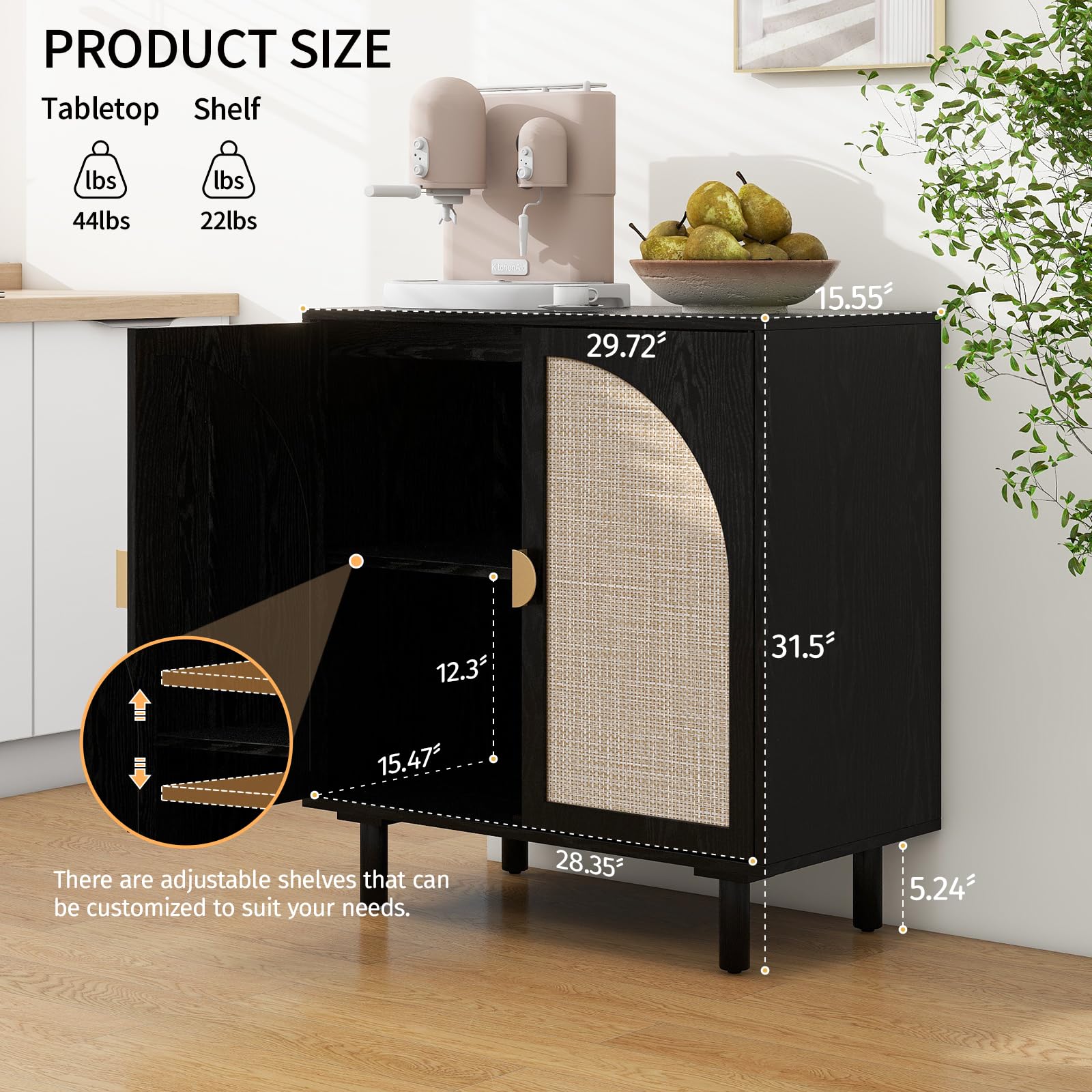 Natural Rattan Sideboard Buffet Cabinet with 2 Wicker Doors - Boho Wood Credenza for Living Room & Kitchen Storage | Accent Furniture for Dining Room, Hallway & Entryway (Black)