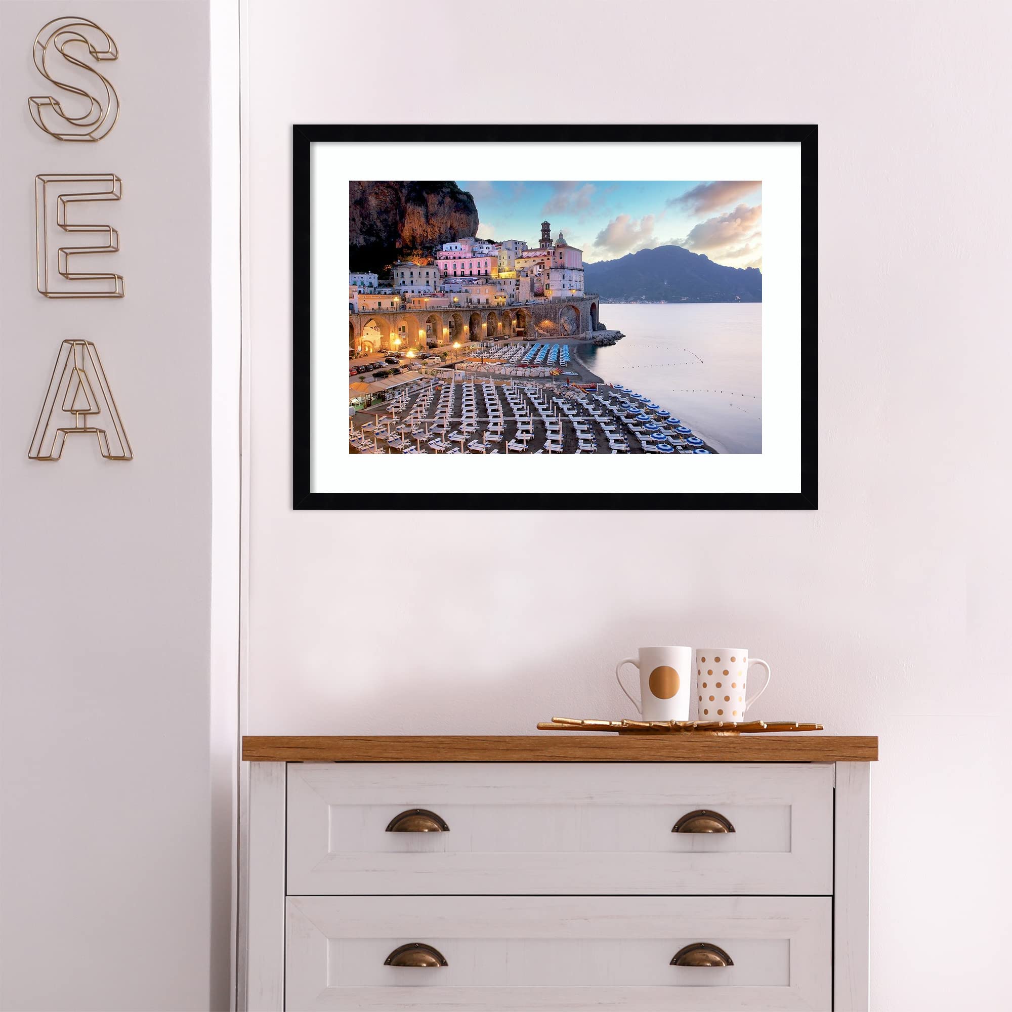 Amanti Art Framed Wall Art Print 19x25 - Sunrise Atrani Italy Coastal Painting by Alan Blaustein | Beach Wall Decor, Mediterranean Landscape Poster for Living Room, Bedroom, Office | Perfect for Coastal, Nautical & Vacation Home Decor