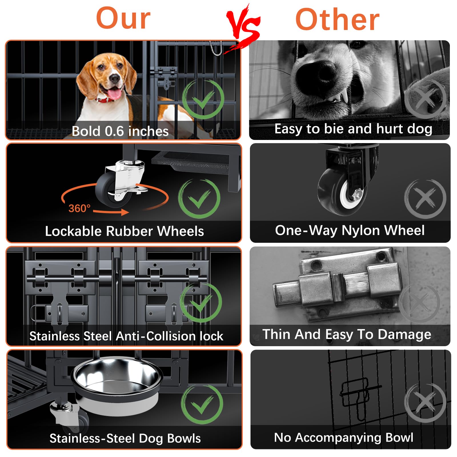 aboxoo 48/42 Inch XL Heavy Duty Metal Dog Crate - Indoor Kennel for Large Dogs or Double Medium Dogs | Open Top Design with Wheels, Floor Grid, Removable Tray, Divider & Feeding Bowl | Perfect for Home, Travel & Vet Visits
